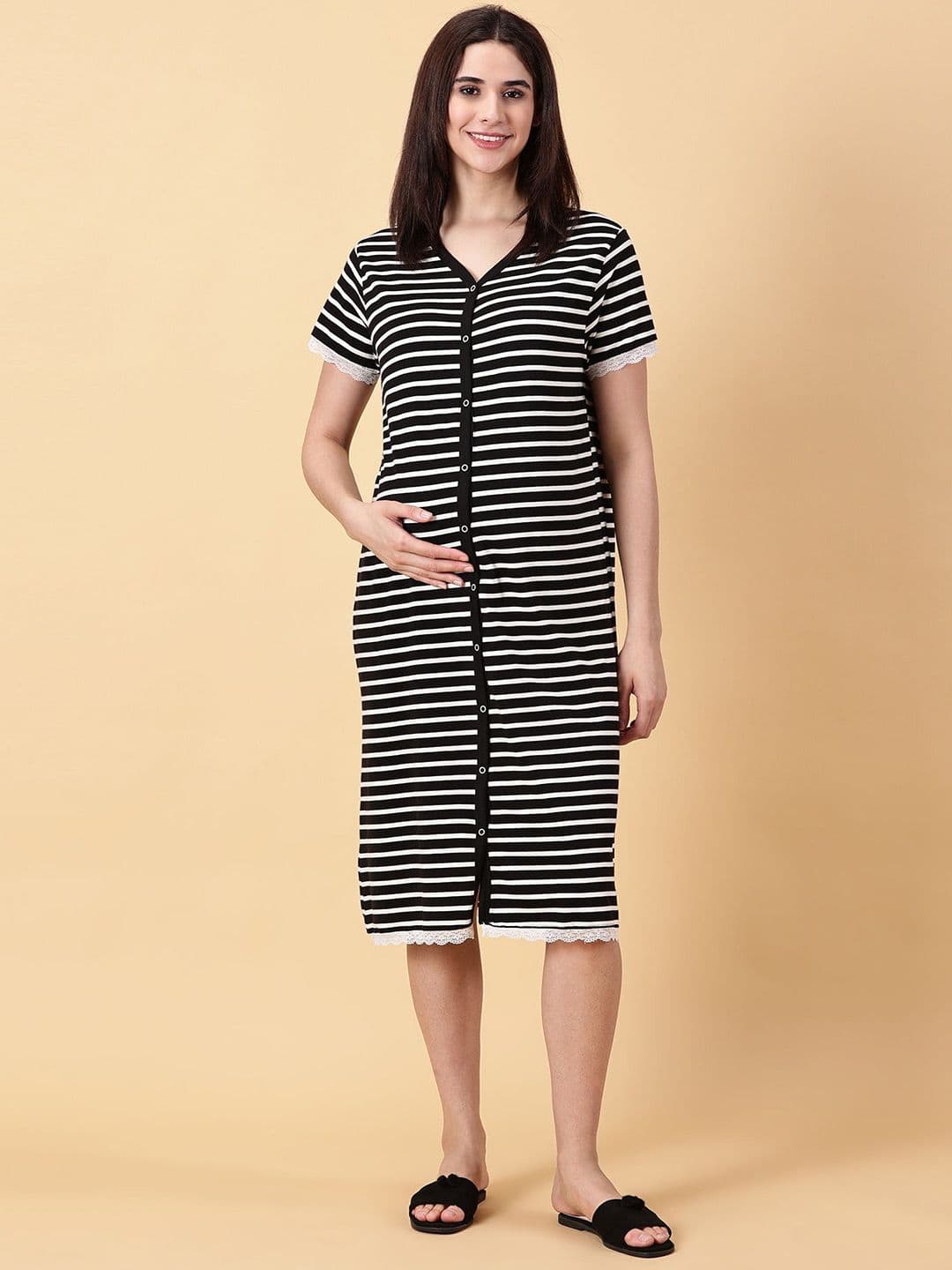 PURPLE FLAUNT V-Neck Short Sleeves Striped Pure Cotton Maternity Nightdress - view 1