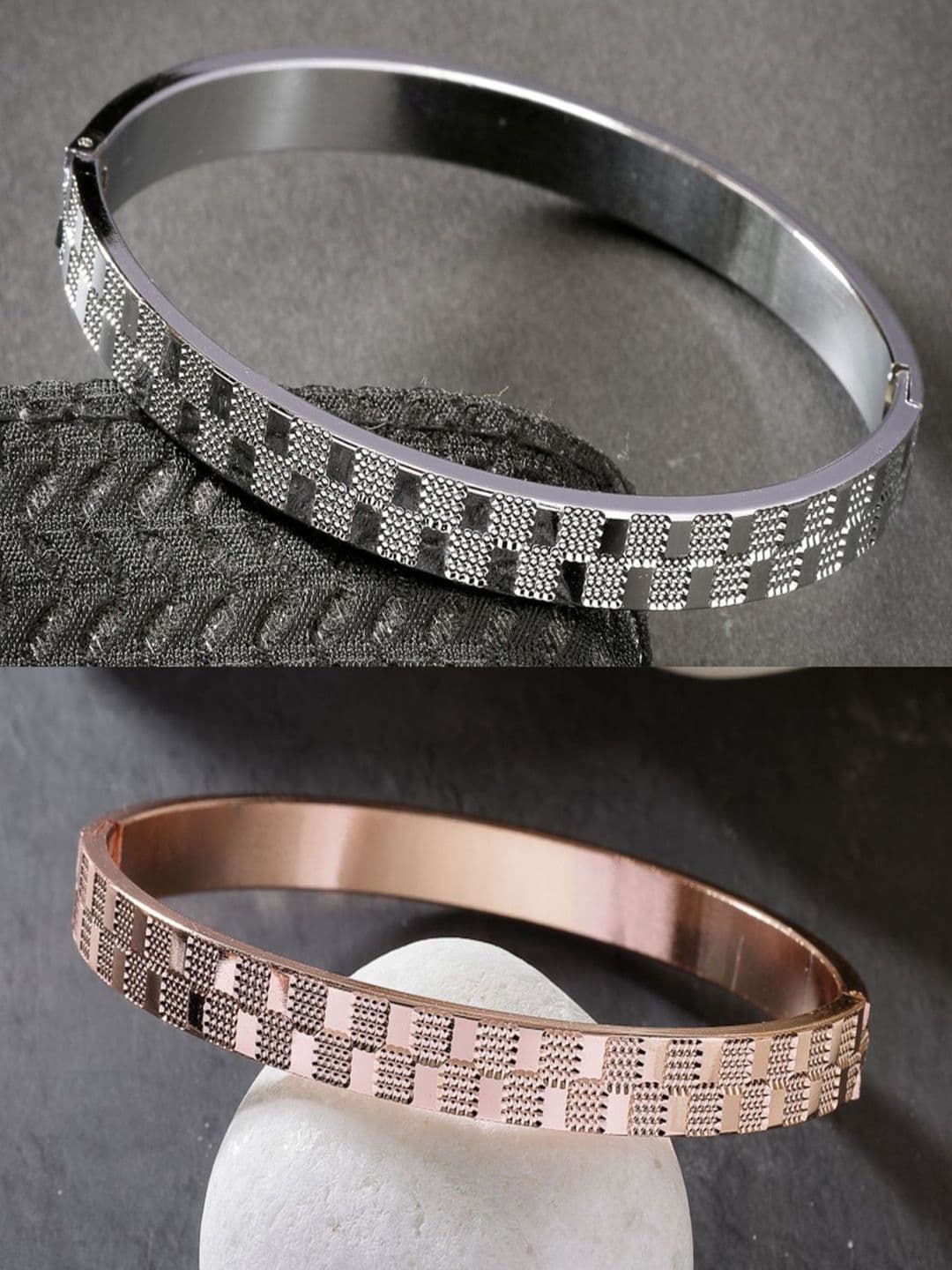 NVR Men Set of 2 Rhodium-Plated Stainless Steel Kada Bracelets - view 1