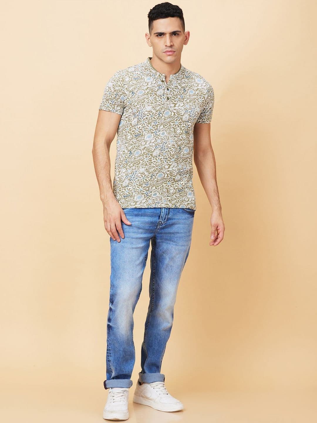 Being Human Men Floral Printed Mandarin Collar Pockets T-shirt - view 1