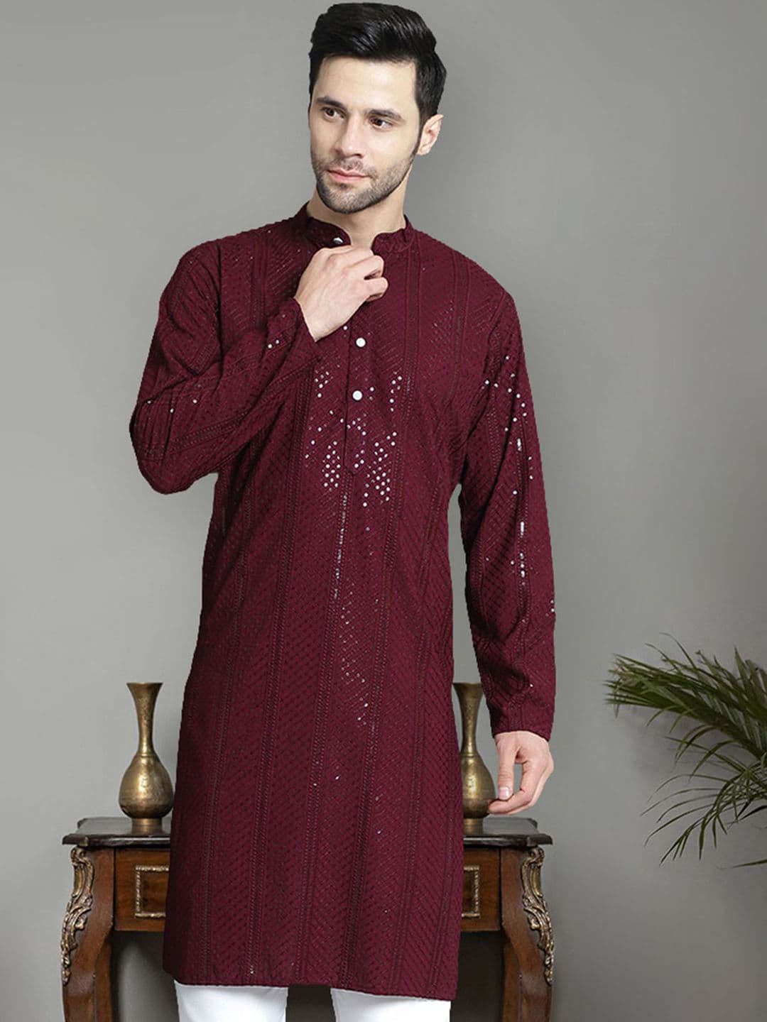 Jompers Men Geometric Checked Thread Work Pathani Kurta - view 1