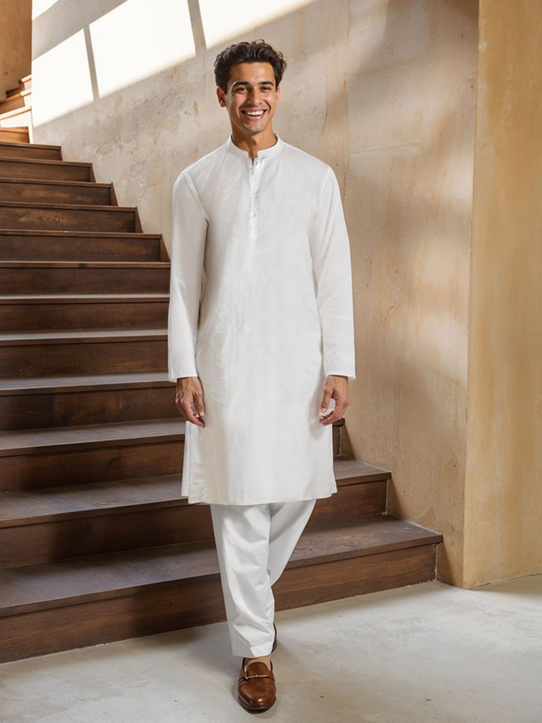 KINGDOM OF WHITE Men Pure Cotton Knee Length Collar Kurta - view 1