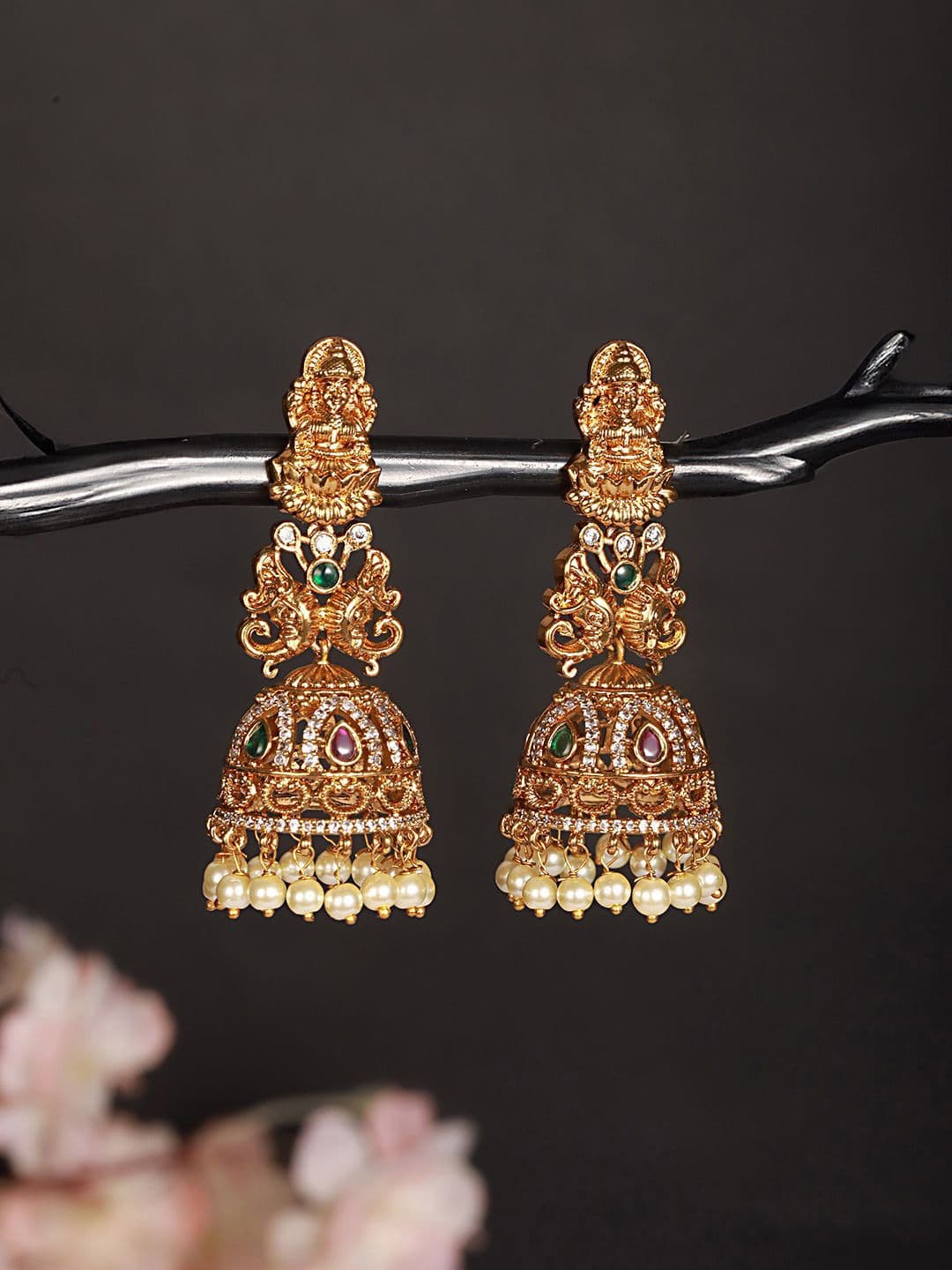 Saraf RS Jewellery American Diamond Gold Plated Temple Jhumkas - view 1