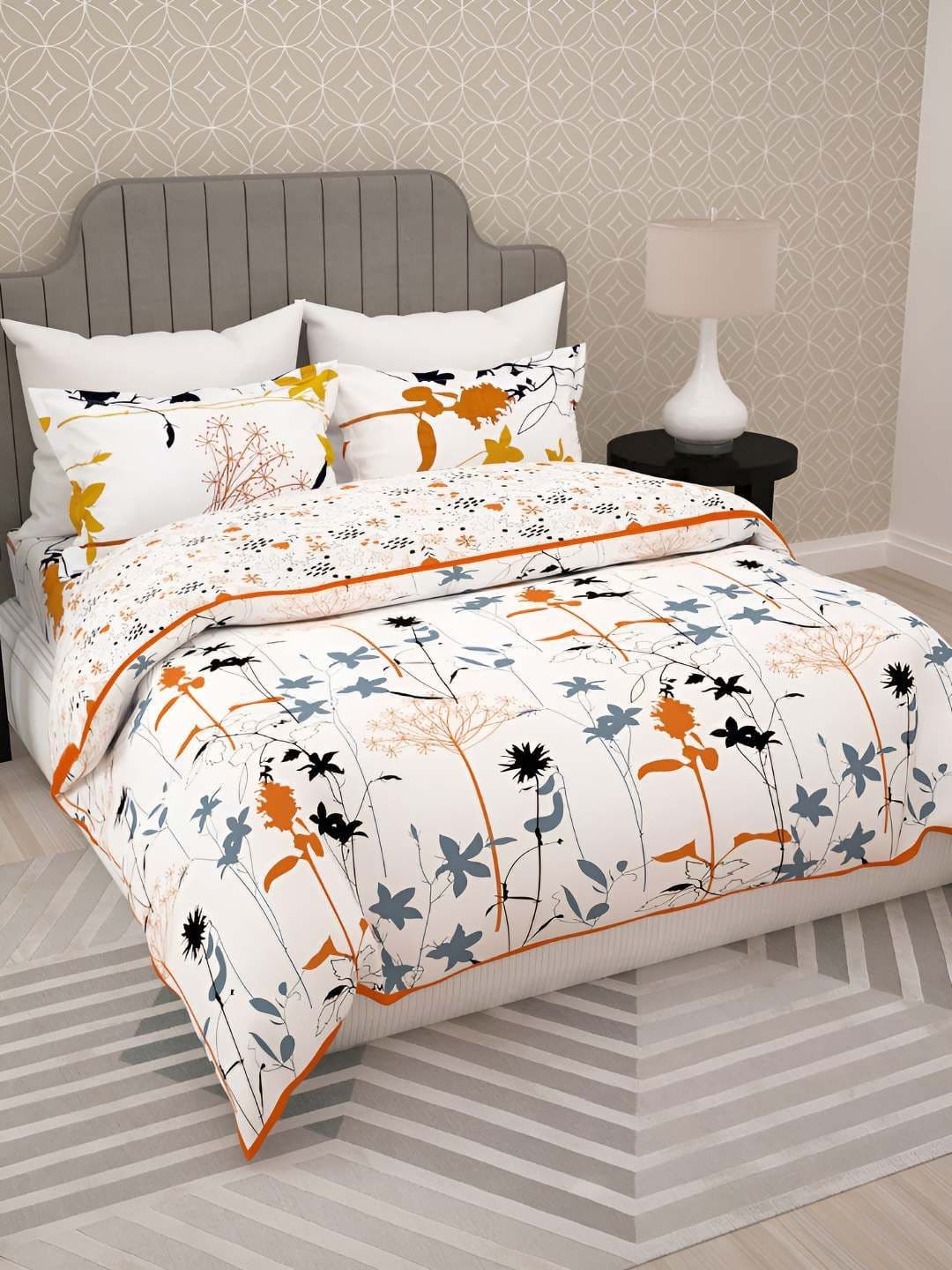 Story@home White & Orange 4 Pieces Floral Cotton Double Queen Regular Bedding Set - view 1