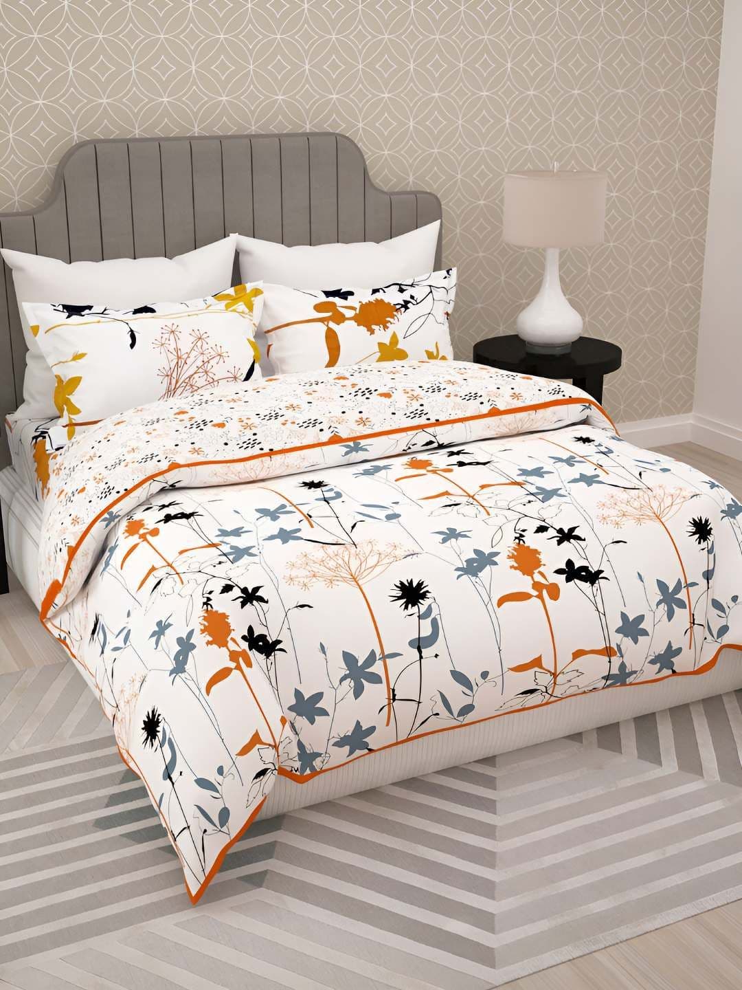 Story@home White & Orange 4 Pieces Floral Cotton Double King Regular Bedding Set - view 1