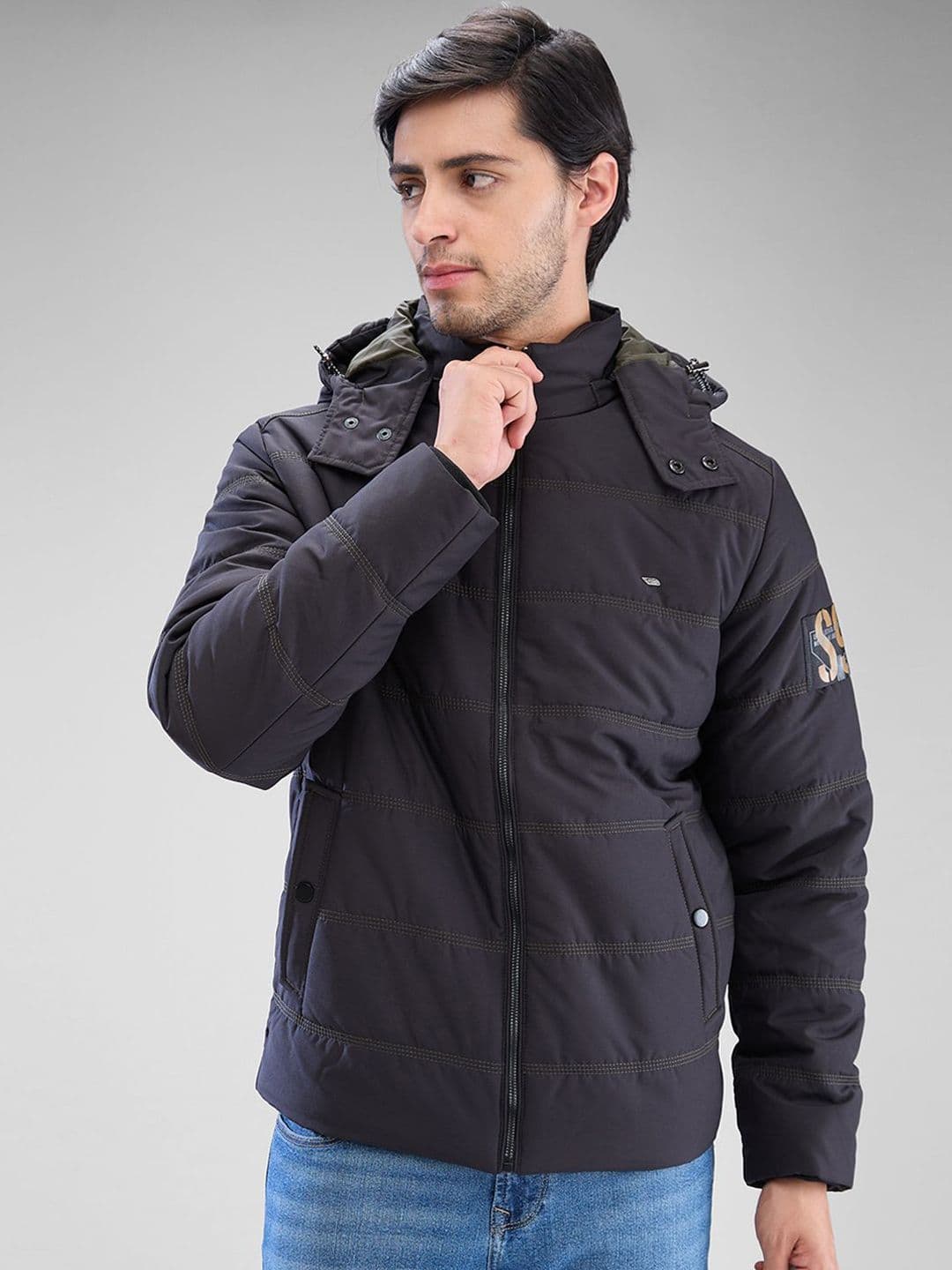 SPYKAR Men Solid Full Sleeve Regular Fit Hooded Padded Jacket with Patchwork - view 1