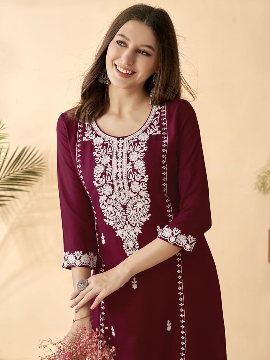 Anouk Maroon Ethnic Motifs Embroidered Round Neck Thread Work Straight Kurta - view 1