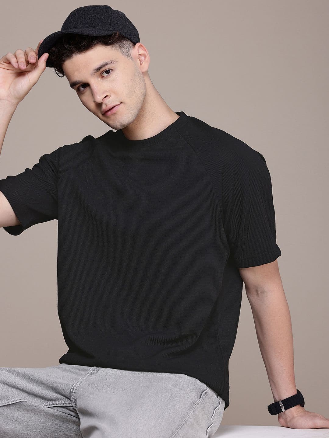 FCUK Premium Men Textured Solid Oversized T-shirt - view 1
