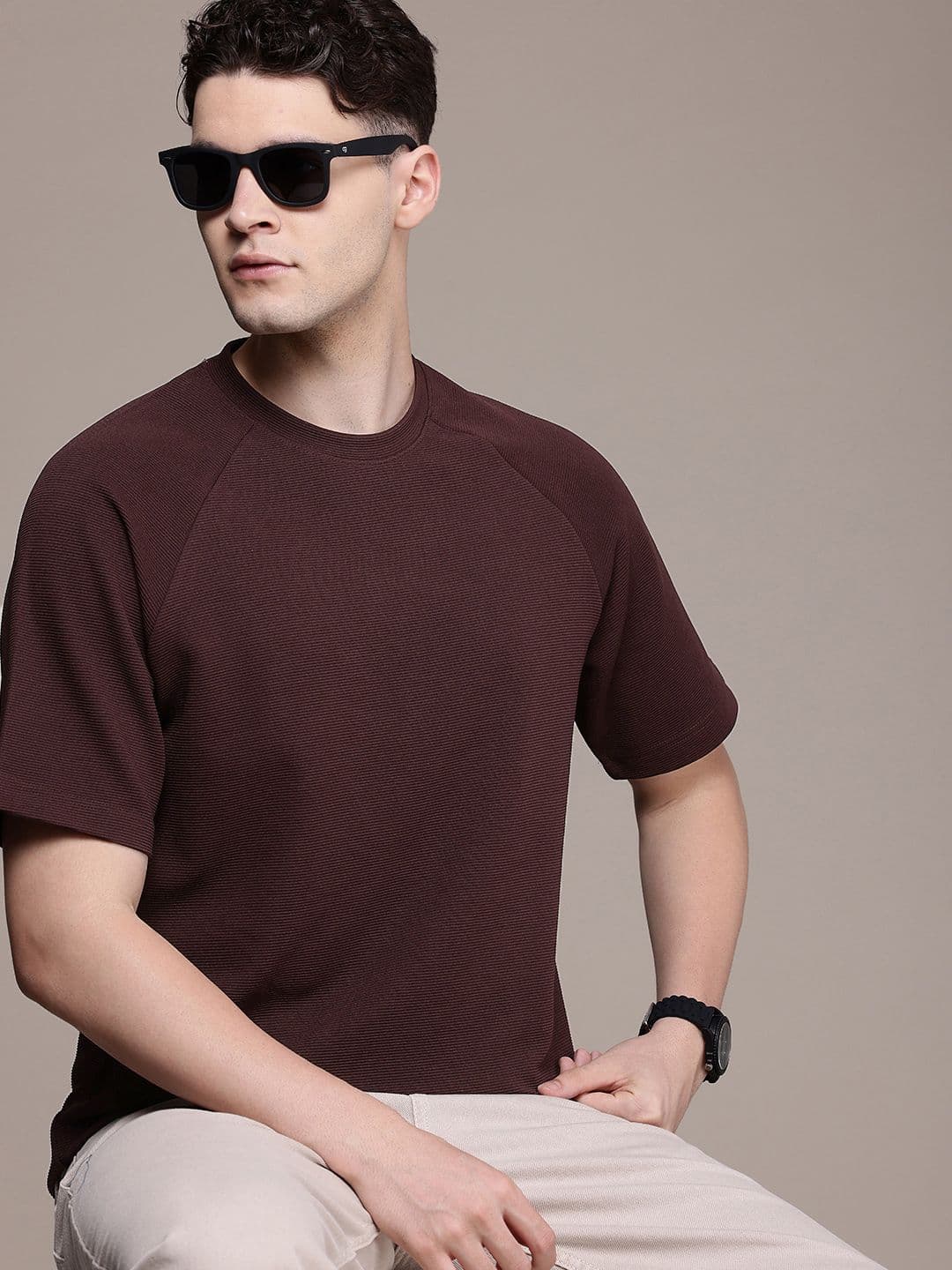 FCUK Premium Men Textured Solid Oversized T-shirt - view 1
