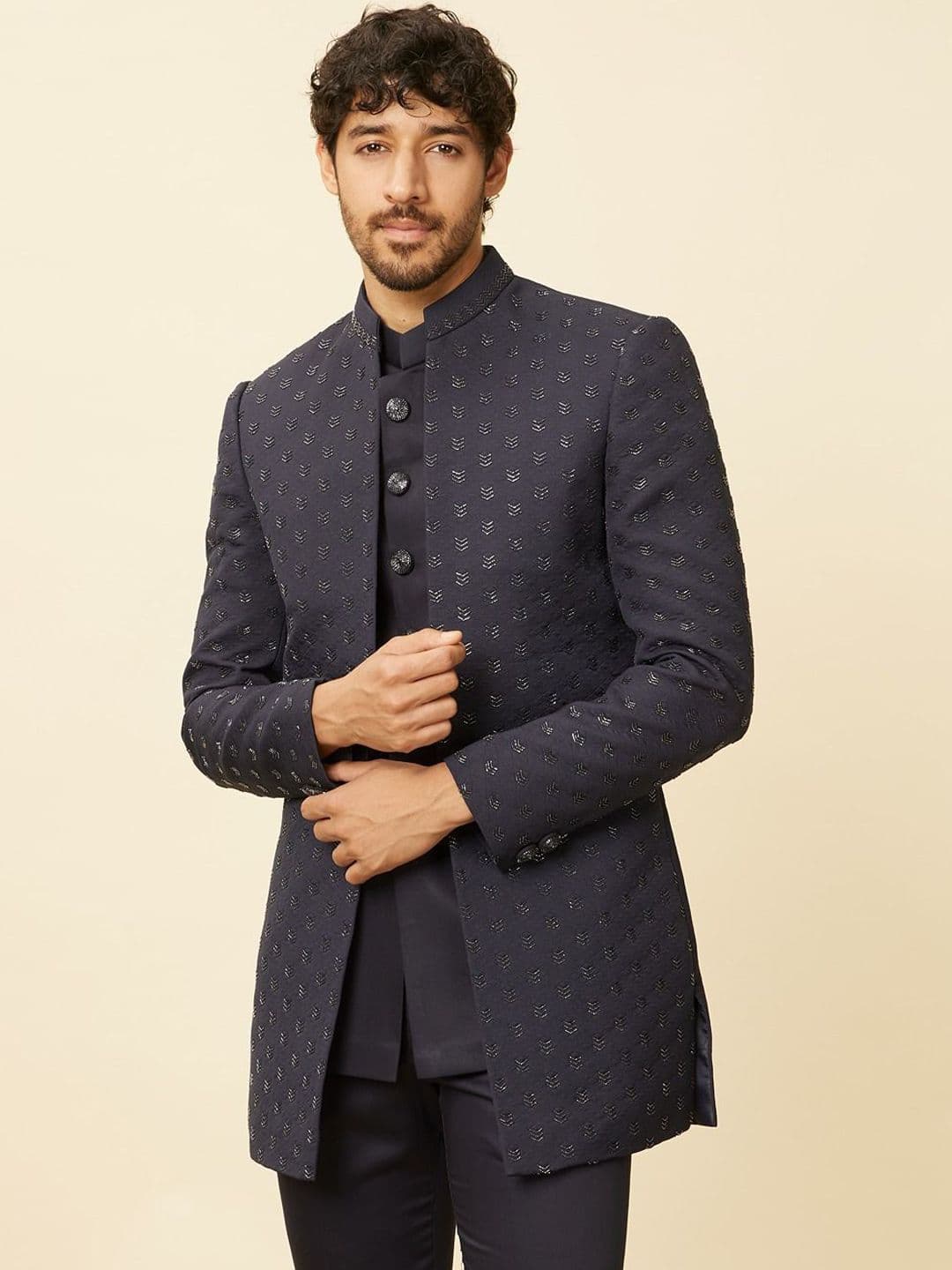 Twamev Solid Embroidered Mandarin Collar Cotton Straight Sherwani Set - view 1