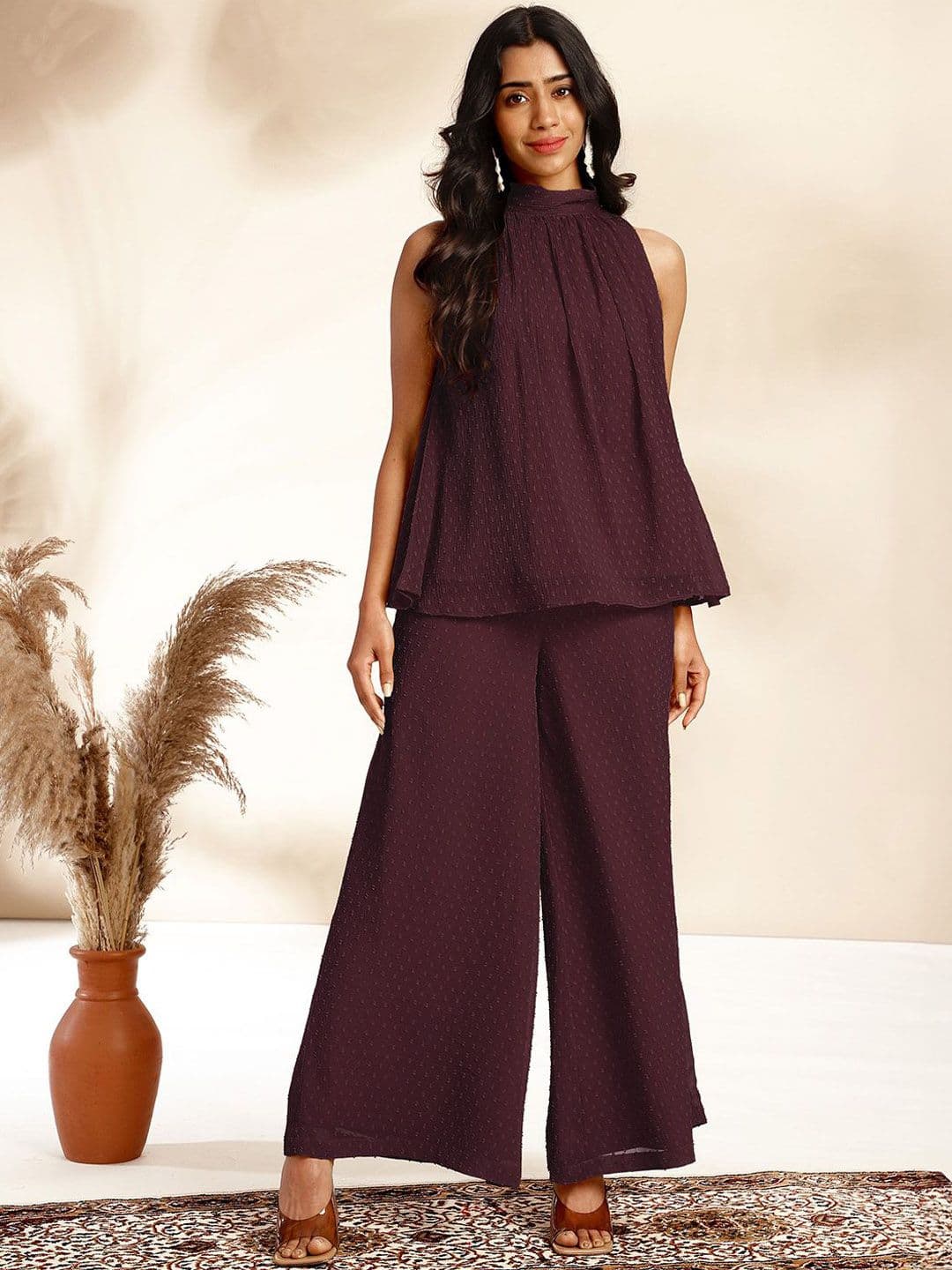 Janasya Self-Design High Neck Dobby Gathered Top & Palazzos - view 1