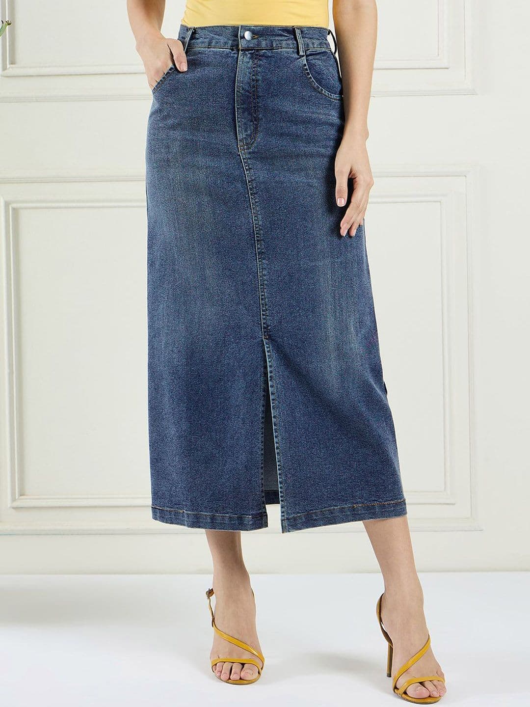 DRAPE AND DAZZLE Women Denim Front Slit Midi A-Line Skirt - view 1