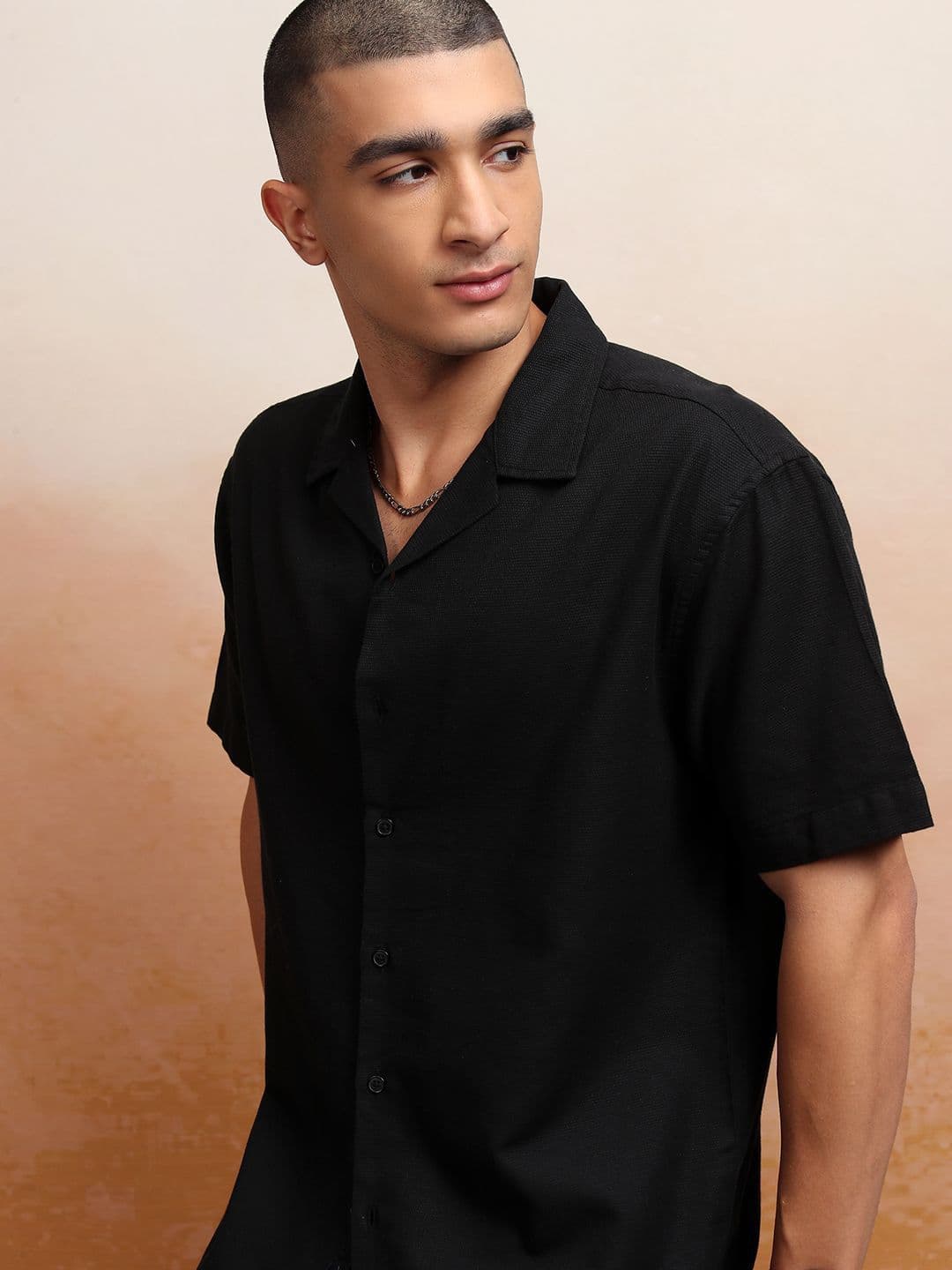 HIGHLANDER Men Dobby Textured Solid Cuban Collar Relaxed Fit Shirt - view 1