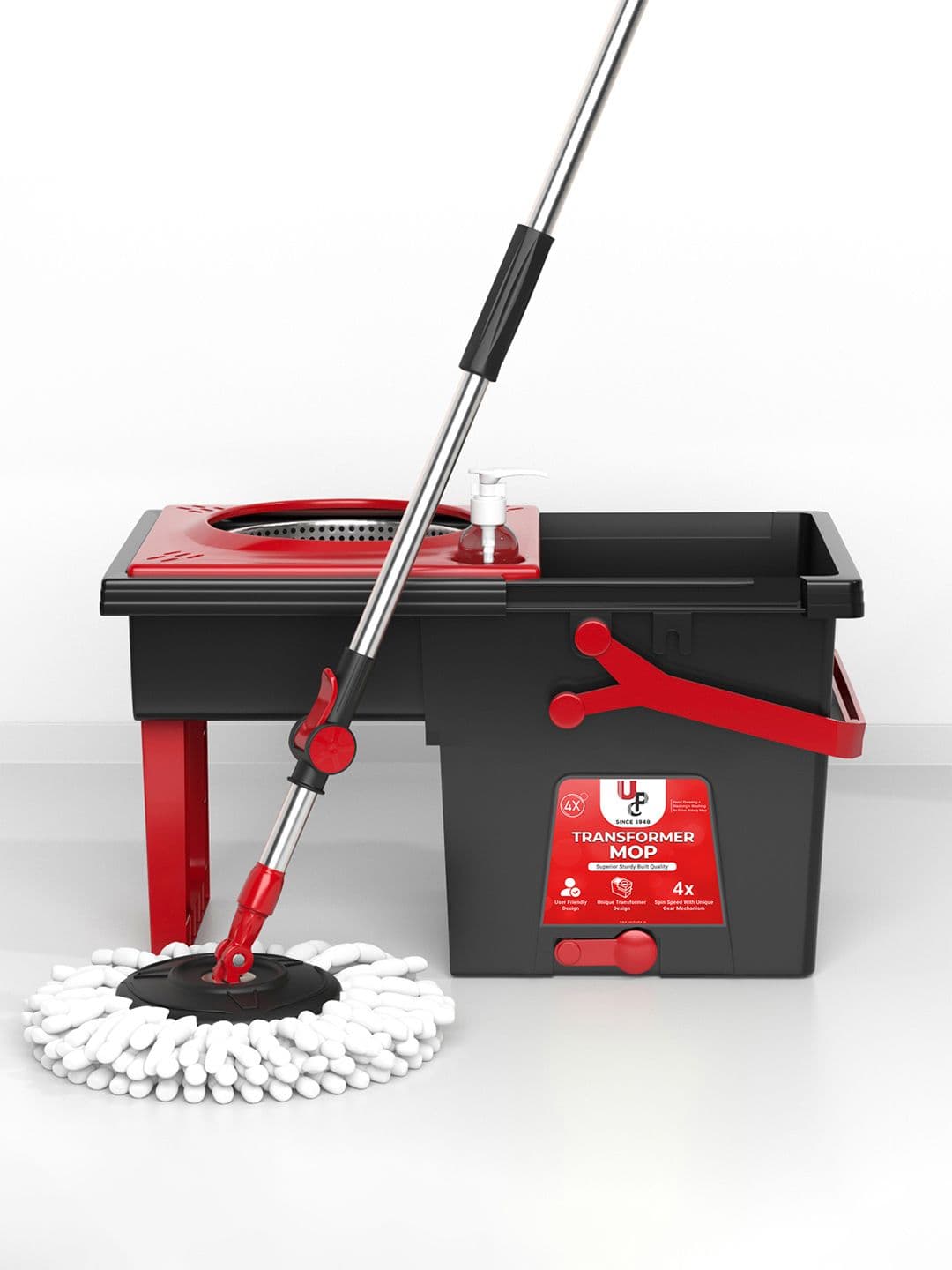 UPC Black & Red 360 Degree Spin Mop & Bucket with 2 Microfiber Refills - view 1