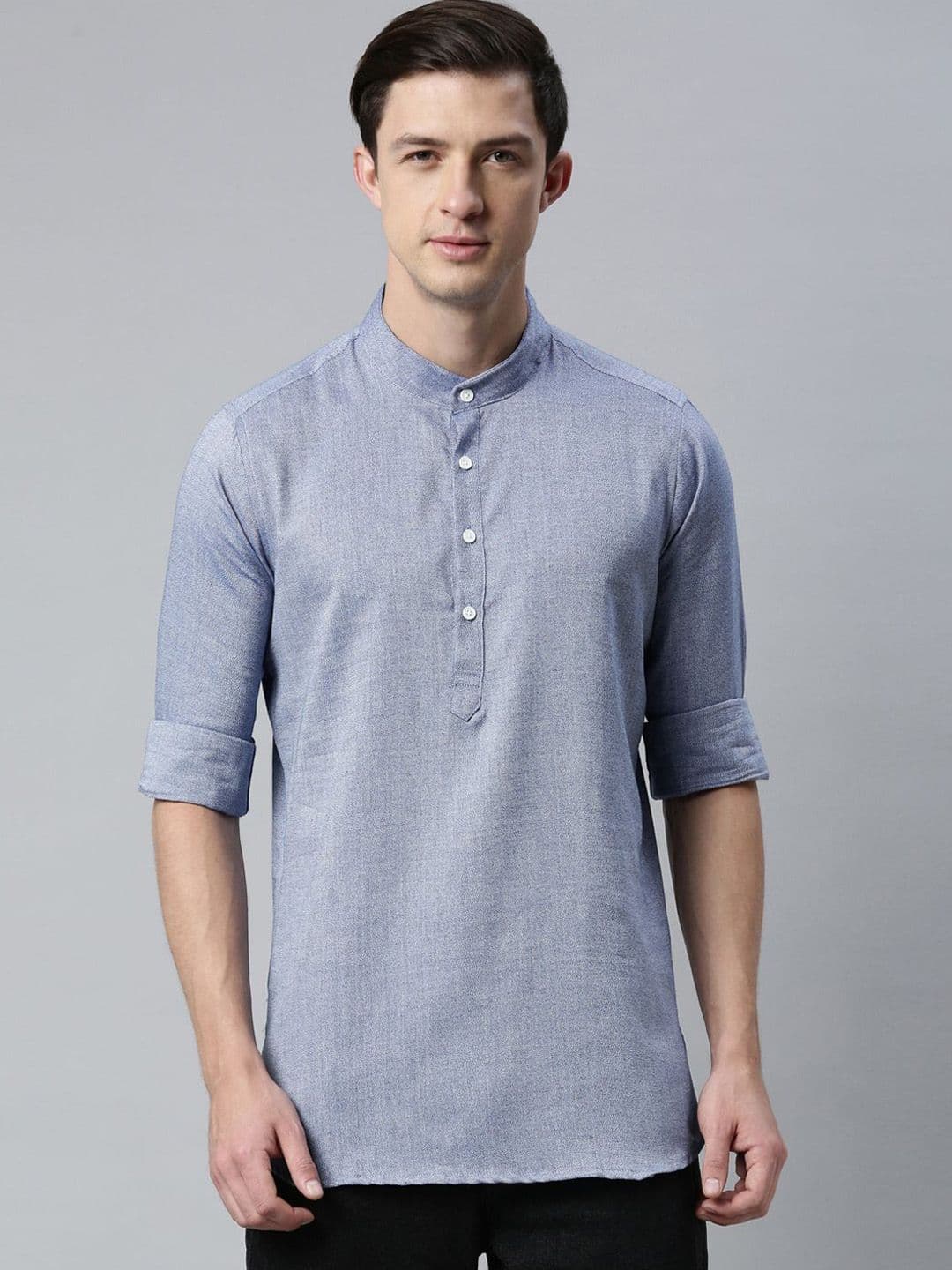 Cross Court Band Collar Pure Cotton Straight Short Kurta - view 1