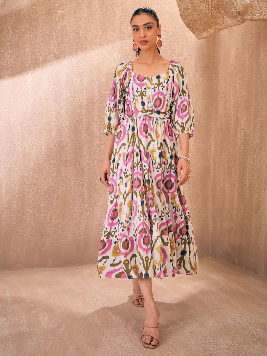Pink Paprika by SASSAFRAS Printed Belted Tiered Cotton A-Line Midi Ethnic Dress - view 1