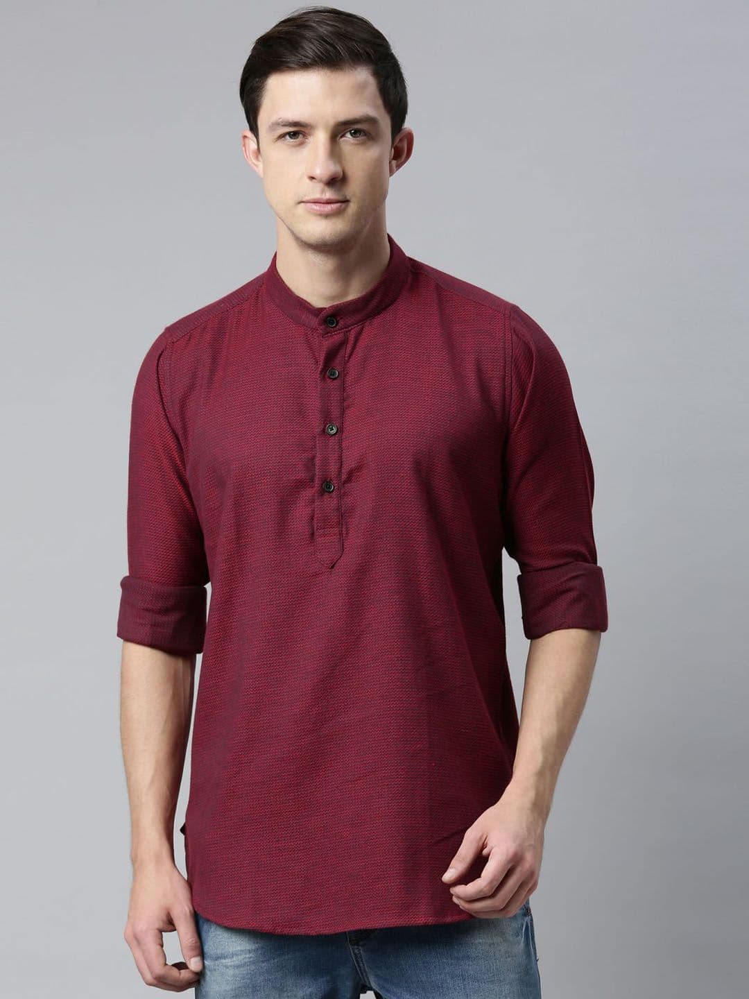 Cross Court Geometric Woven Design Mandarin Collar Cotton Short Straight Kurta - view 1