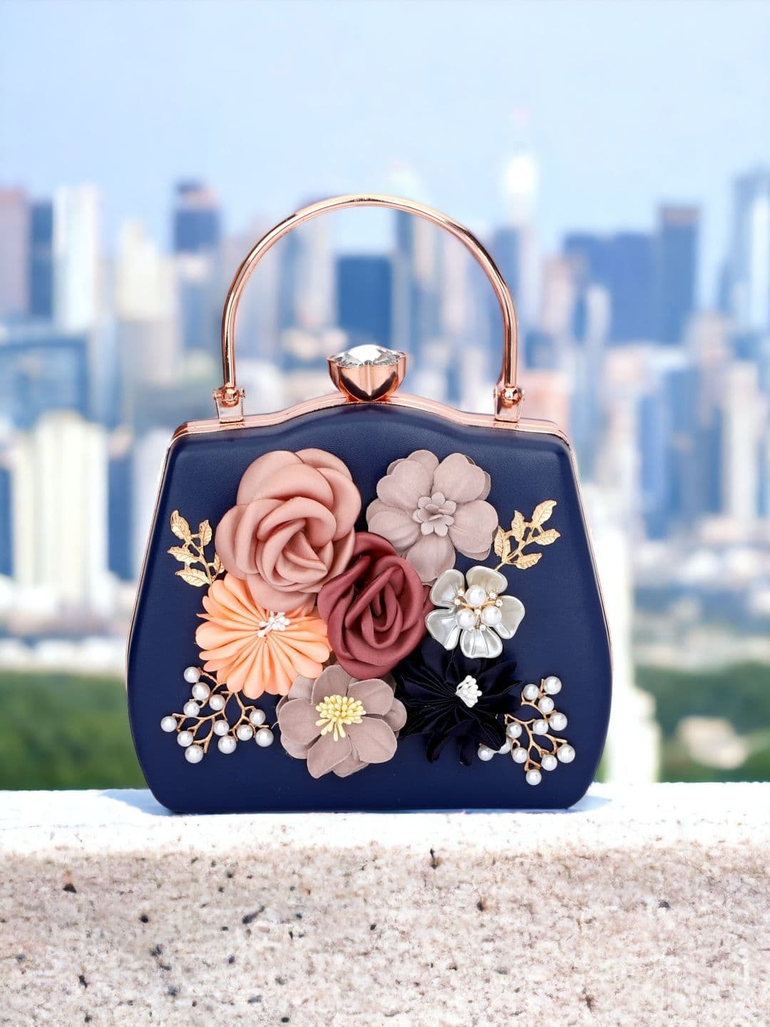 Sangria Blue Floral Embellished Box Clutch - view 1