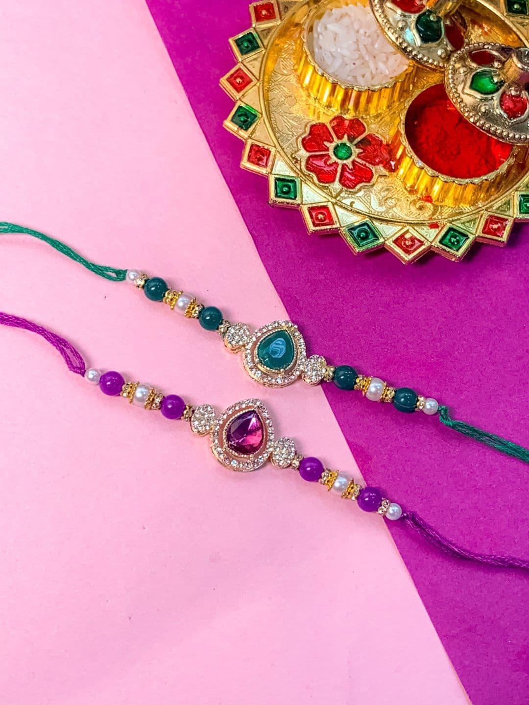 I Jewels Set Of 2 Embellished Rakhi With Roli Chawal & Card - view 1
