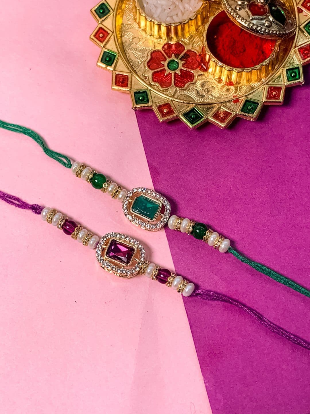 I Jewels Set Of 2 Embellished Rakhi With Roli Chawal & Card - view 1