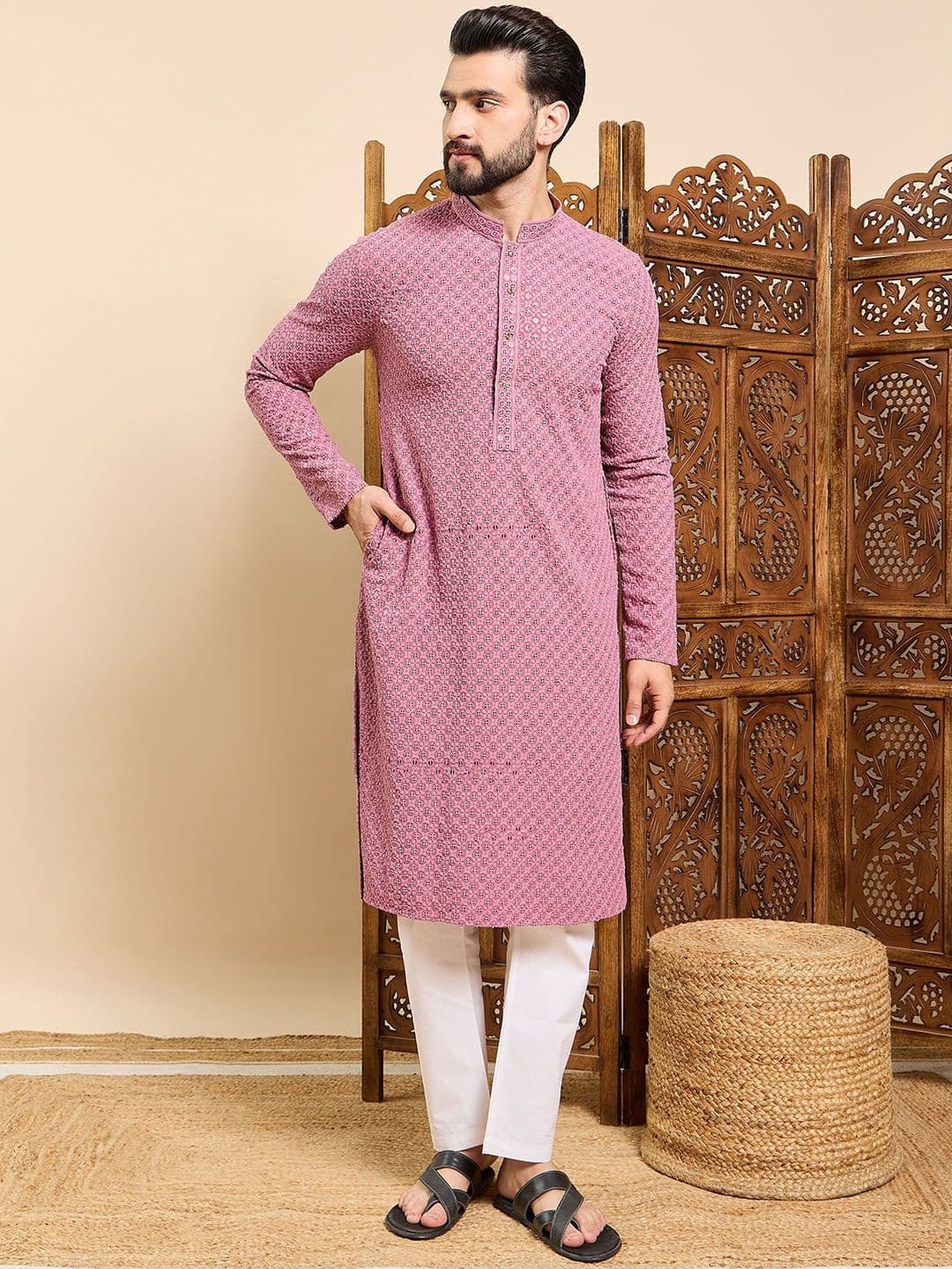 HERE&NOW Floral Embroidered Sequinned Mandarin Collar Straight Kurta - view 1