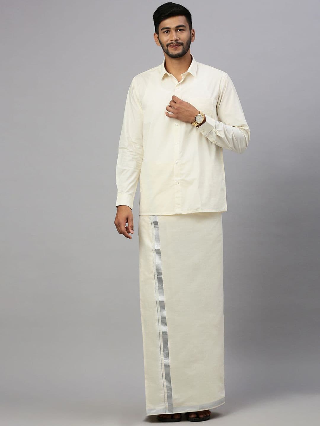 Ramraj Men Cotton Solid Silver Jari Border Double Layer Dhoti - view 1