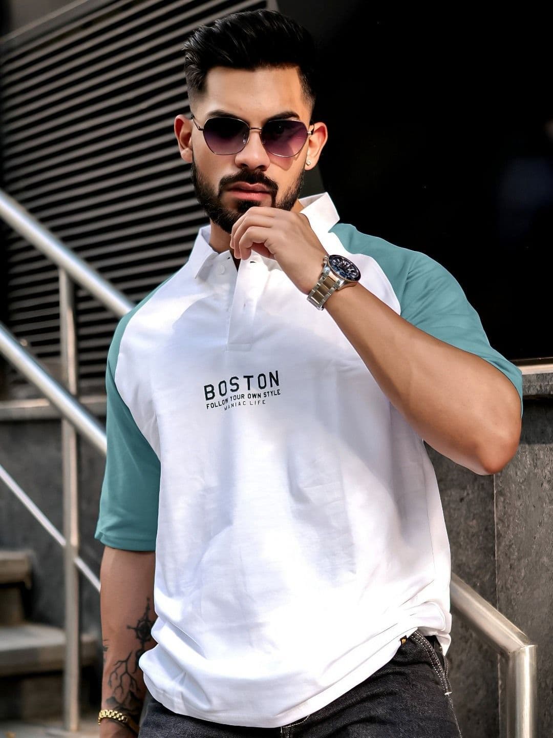 Maniac Men Printed Polo Collar Cotton Oversized Tshirt - view 1
