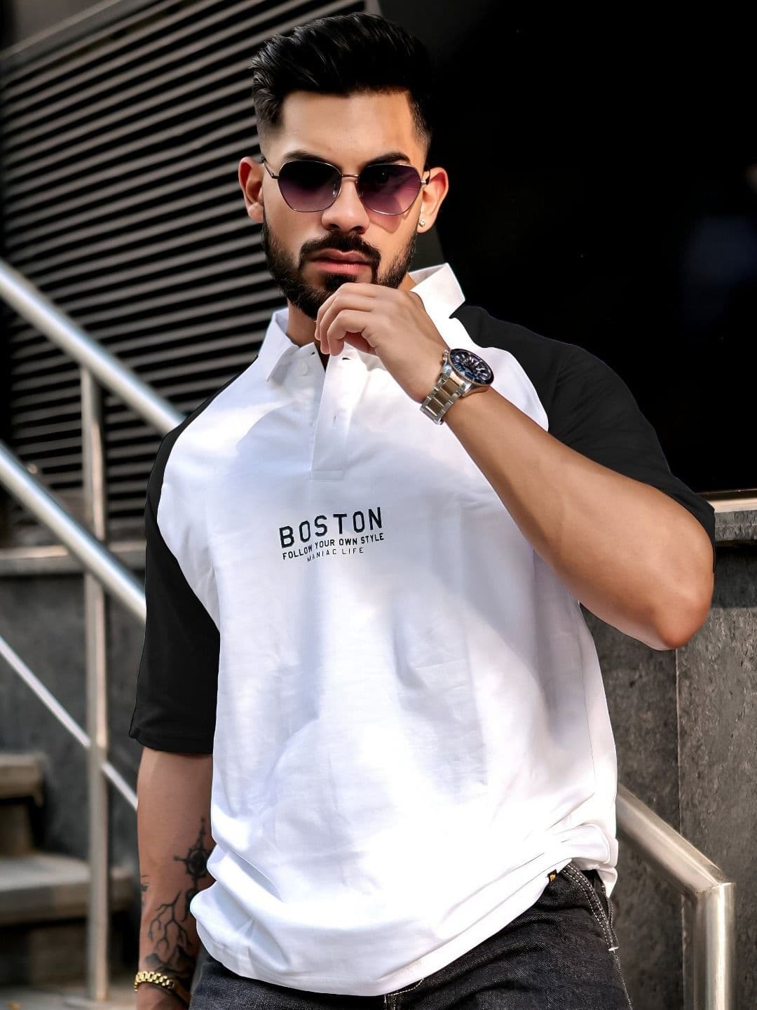 Maniac Men Printed Polo Collar Cotton Oversized Tshirt - view 1