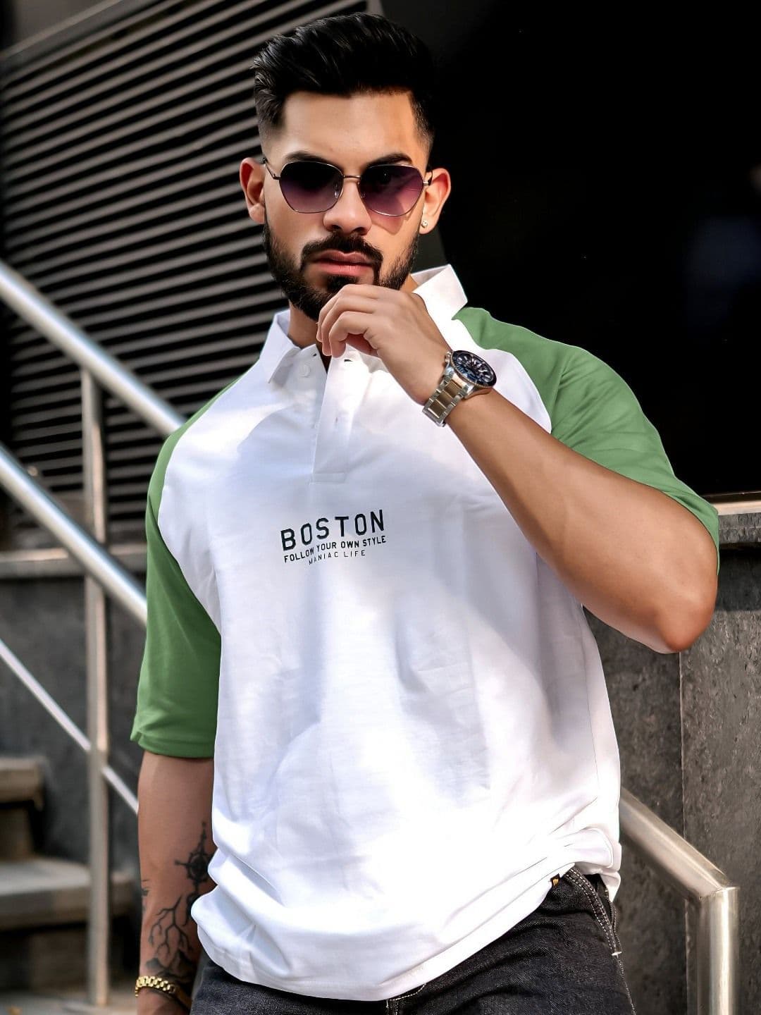 Maniac Men Printed Polo Collar Cotton Oversized Tshirt - view 1