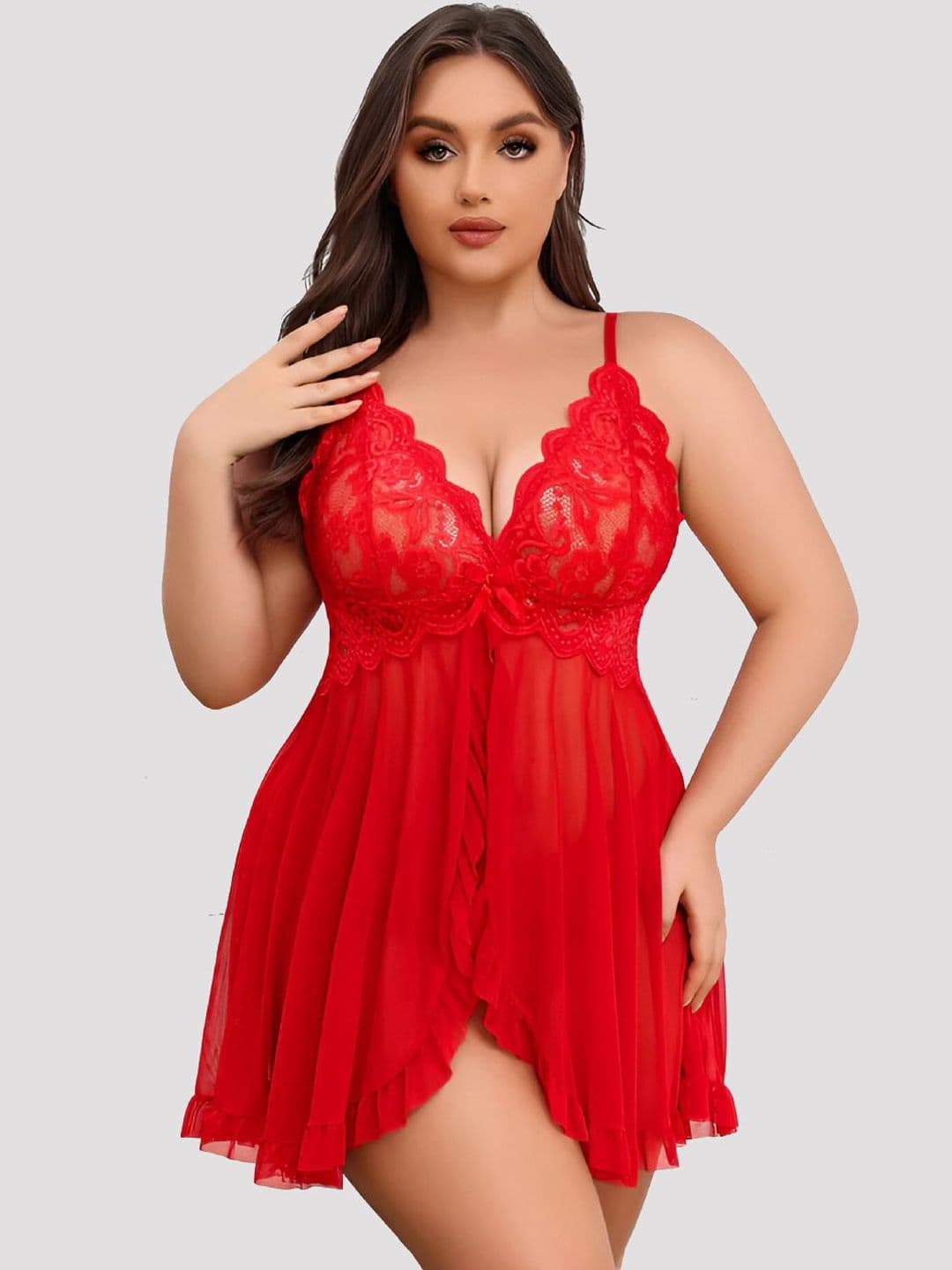 Herryqeal Women Plus Size Self Design Shoulder Straps Asymmetric Lace Baby Doll - view 1