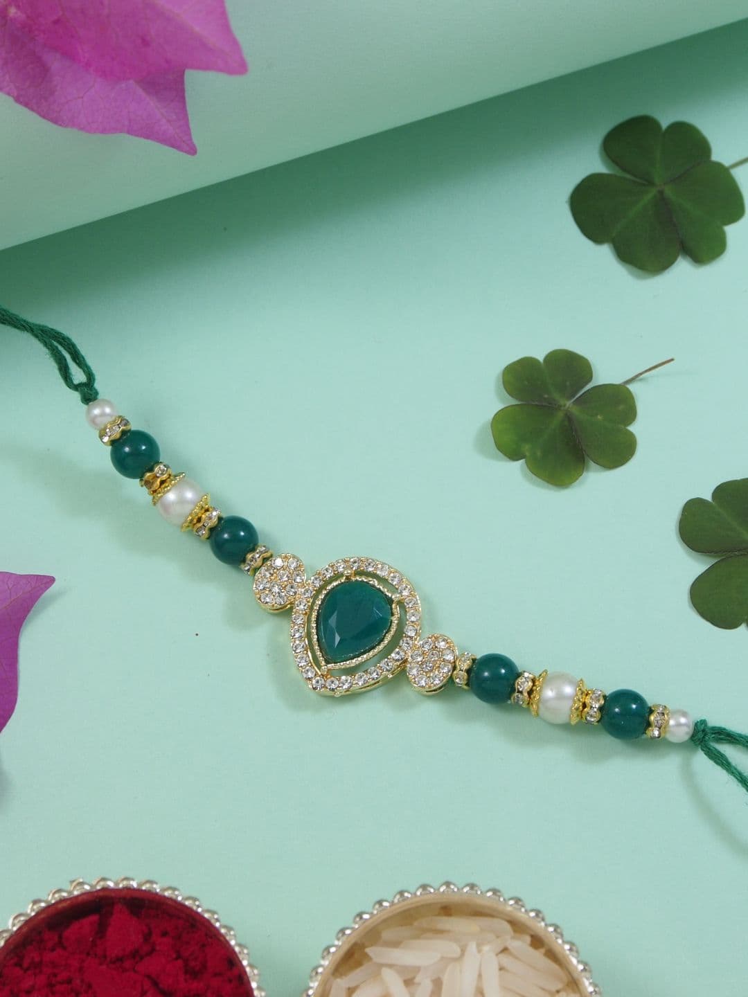 I Jewels Kundan Studded Pearl Beaded Thread Rakhi With Roli Chawal & Rakshabandhan Card - view 1