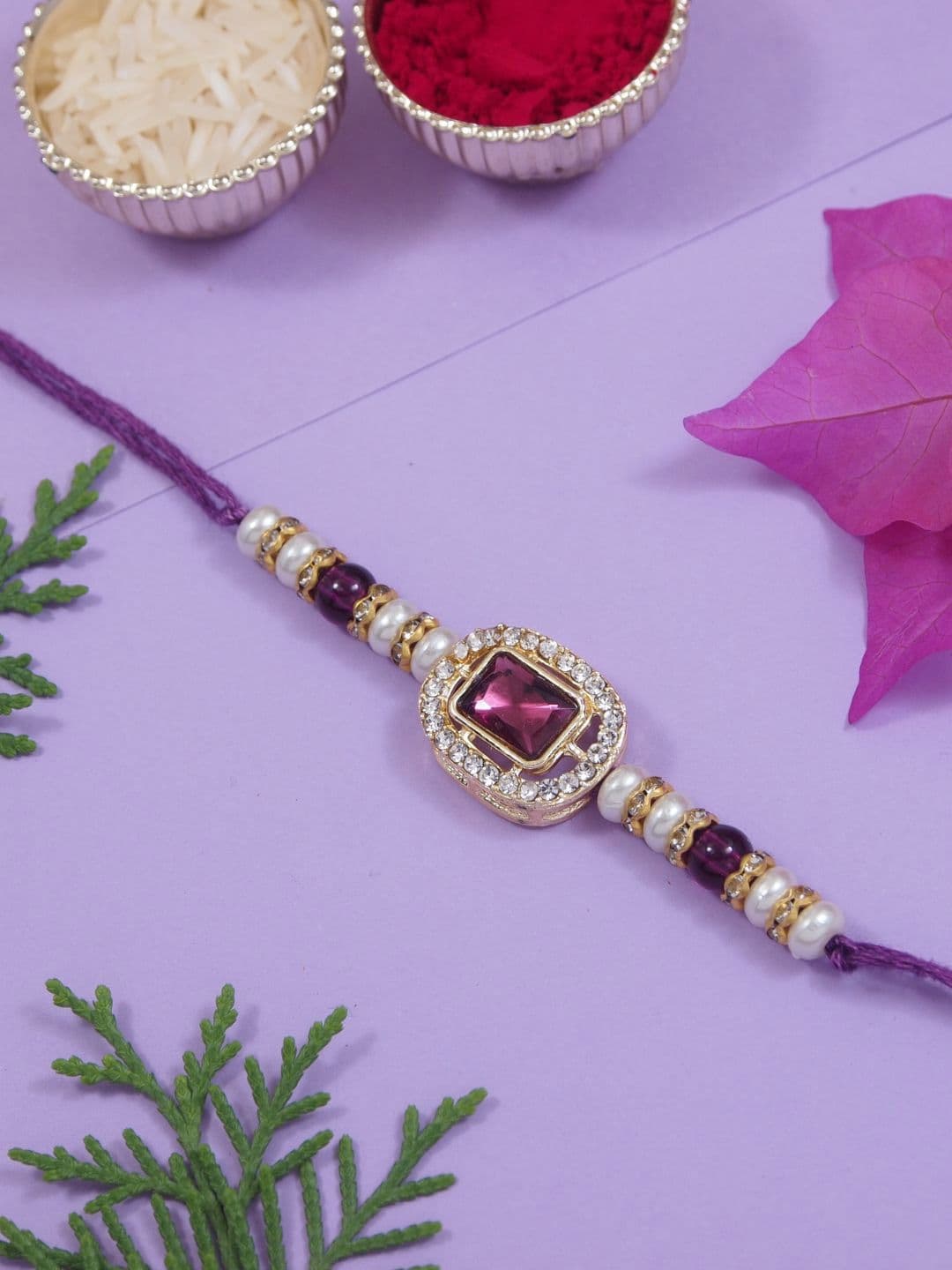 I Jewels Kundan Studded Pearl Beaded Thread Rakhi With Roli Chawal - view 1