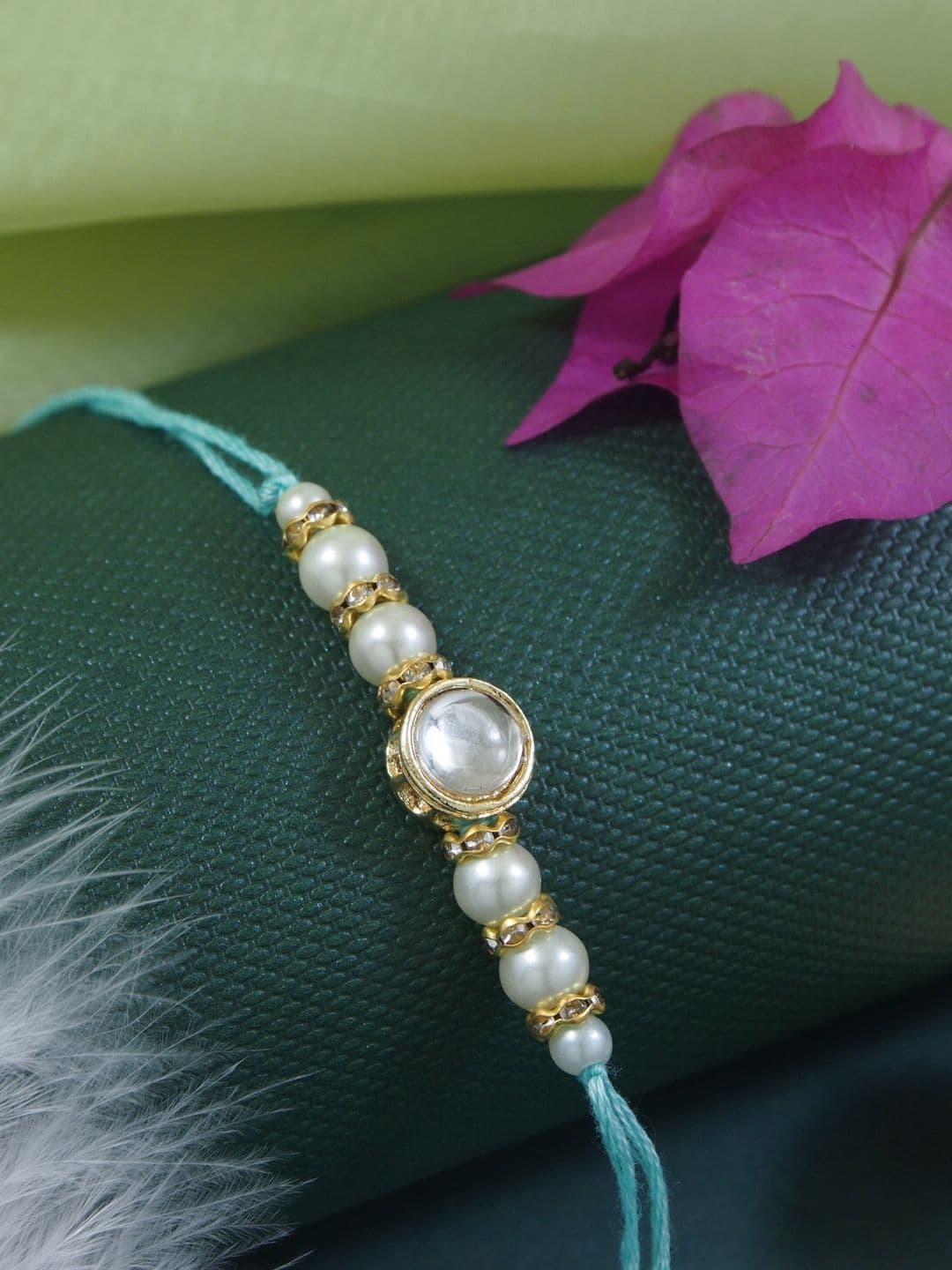I Jewels Kundan Studded Pearl Beaded Thread Rakhi With Roli Chawal & Rakshabandhan Card - view 1