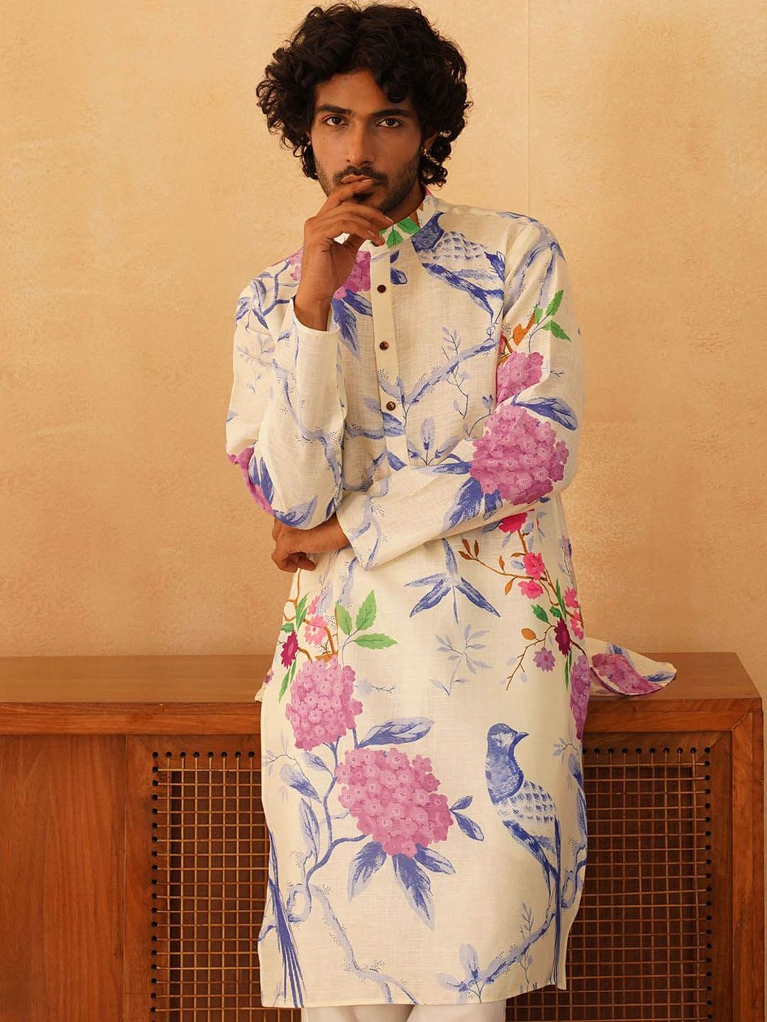 Jompers Floral Printed Band Collar Pure Cotton Straight Kurta - view 1