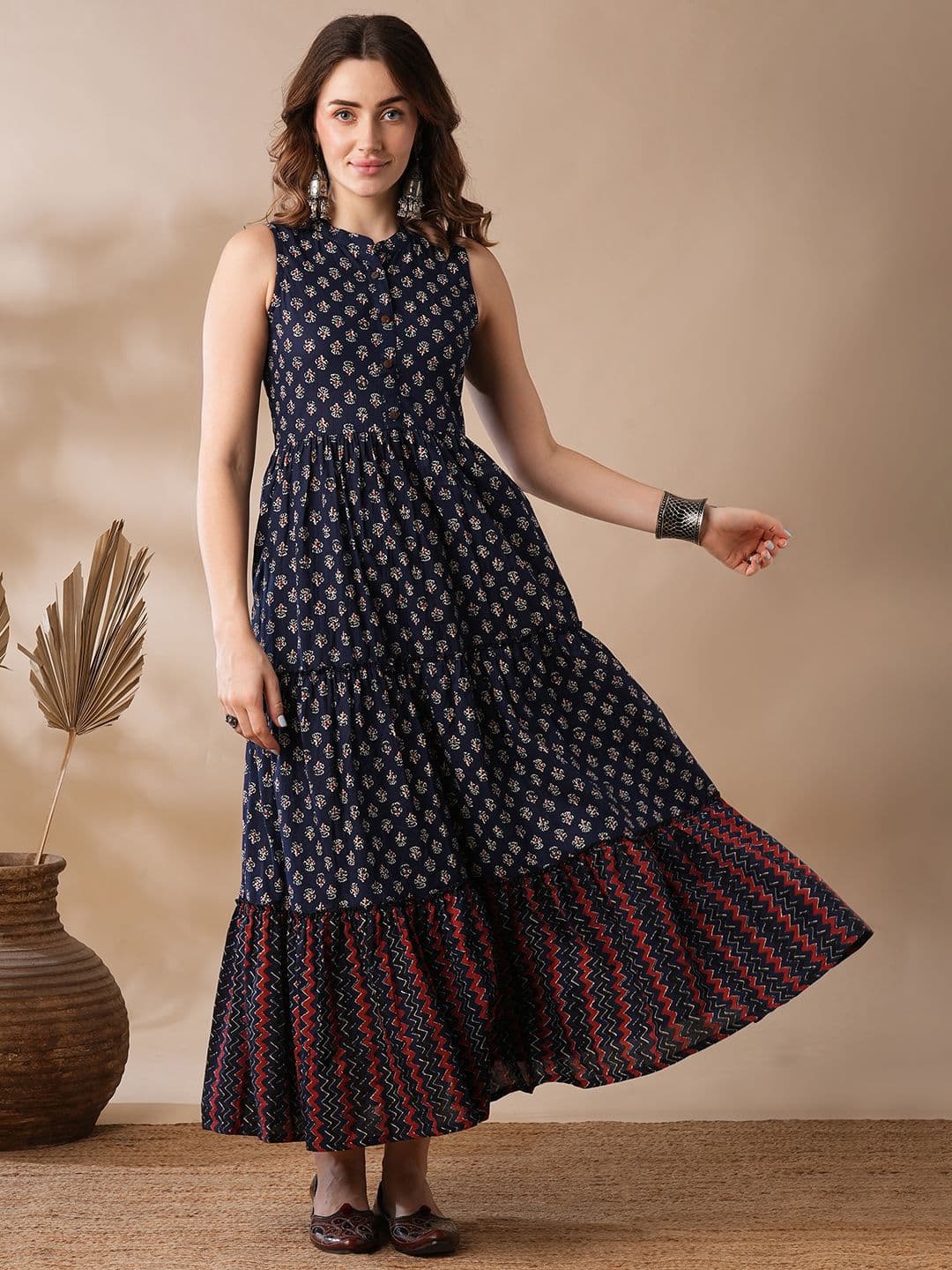 Globus Floral Block Print Mandarin Collar Tiered Fit & Flare Fusion Maxi Dress - view 1