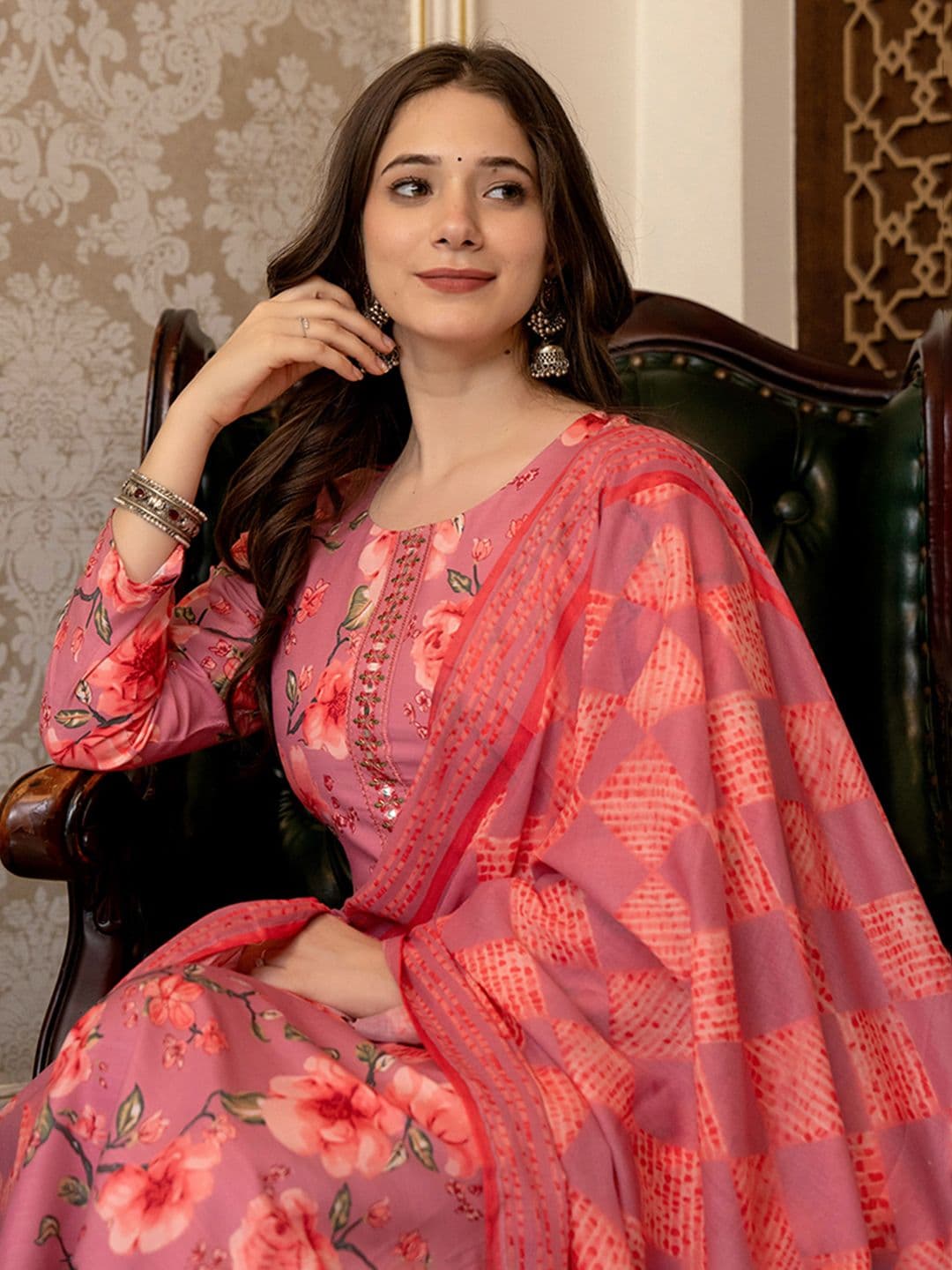 KALINI Floral Printed Mirror Work Straight Kurta With Trousers & Dupatta - view 1