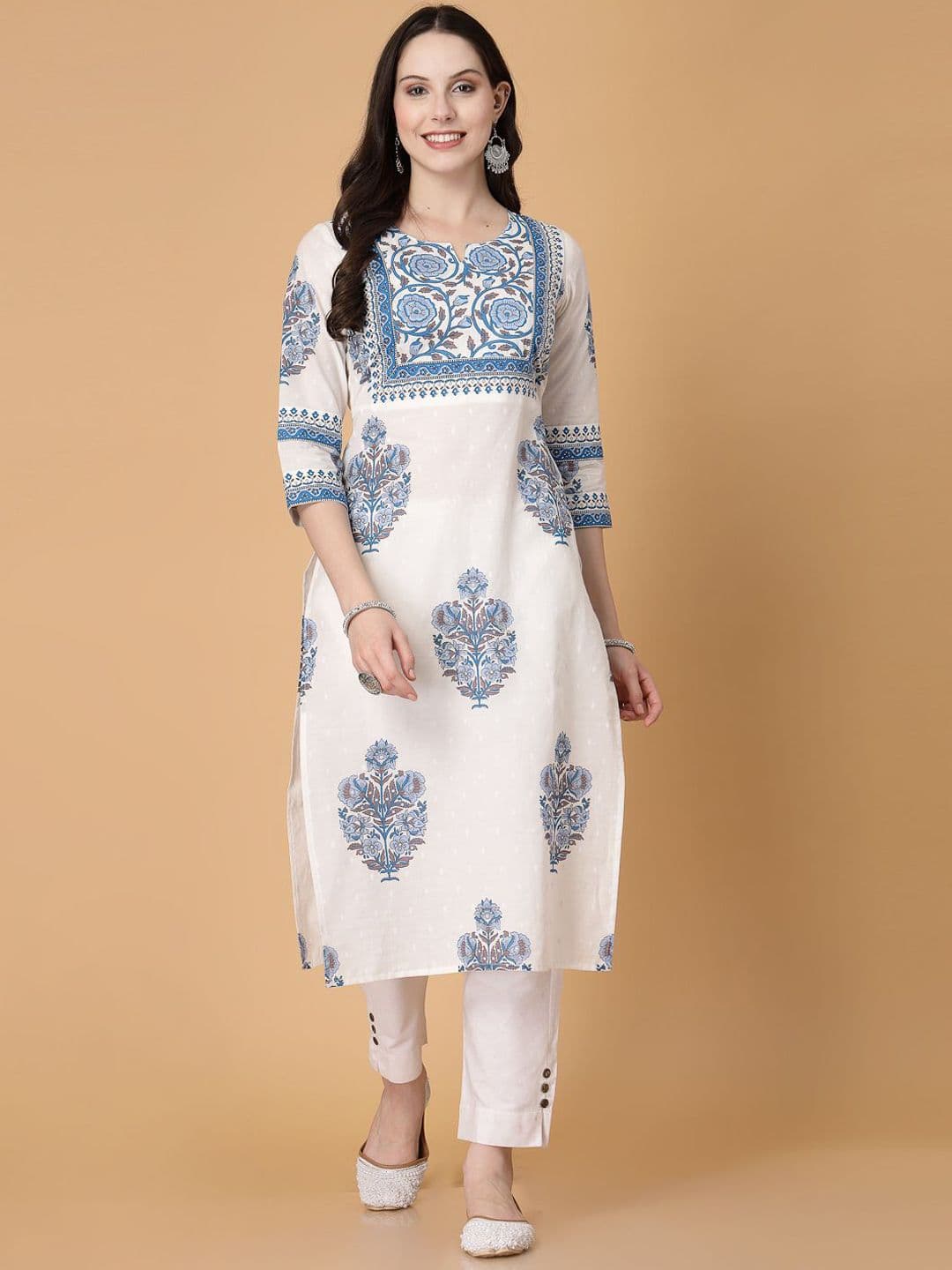 God Bless Floral Printed Notch Neck Pure Cotton Straight Kurta - view 1