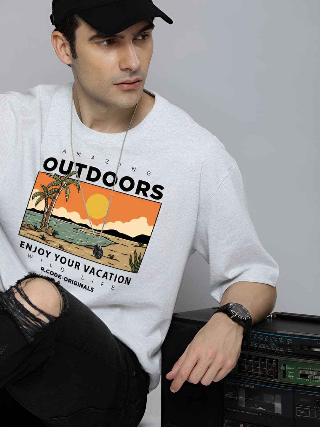 R.Code by The Roadster Life Co. The Roadster Lifestyle Co.Men Graphic Printed Round Neck Cotton Oversized T-Shirt - view 1