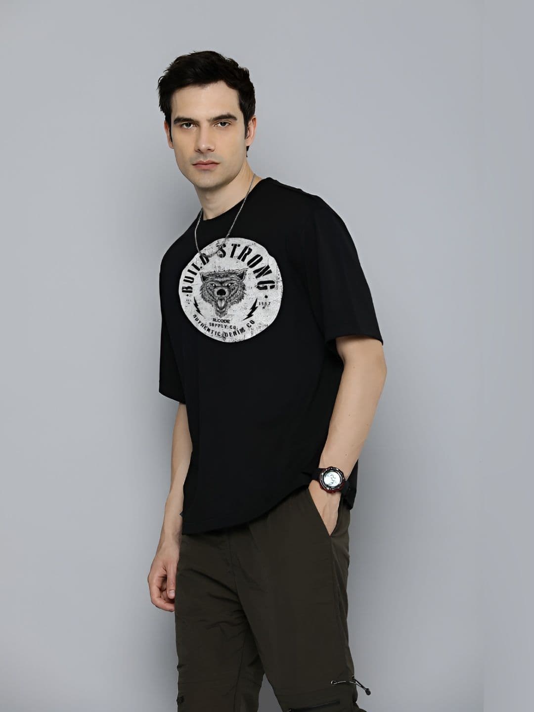 R.Code by The Roadster Life Co. The Roadster Lifestyle Co.Men Graphic Printed Round Neck Cotton Oversized T-Shirt - view 1