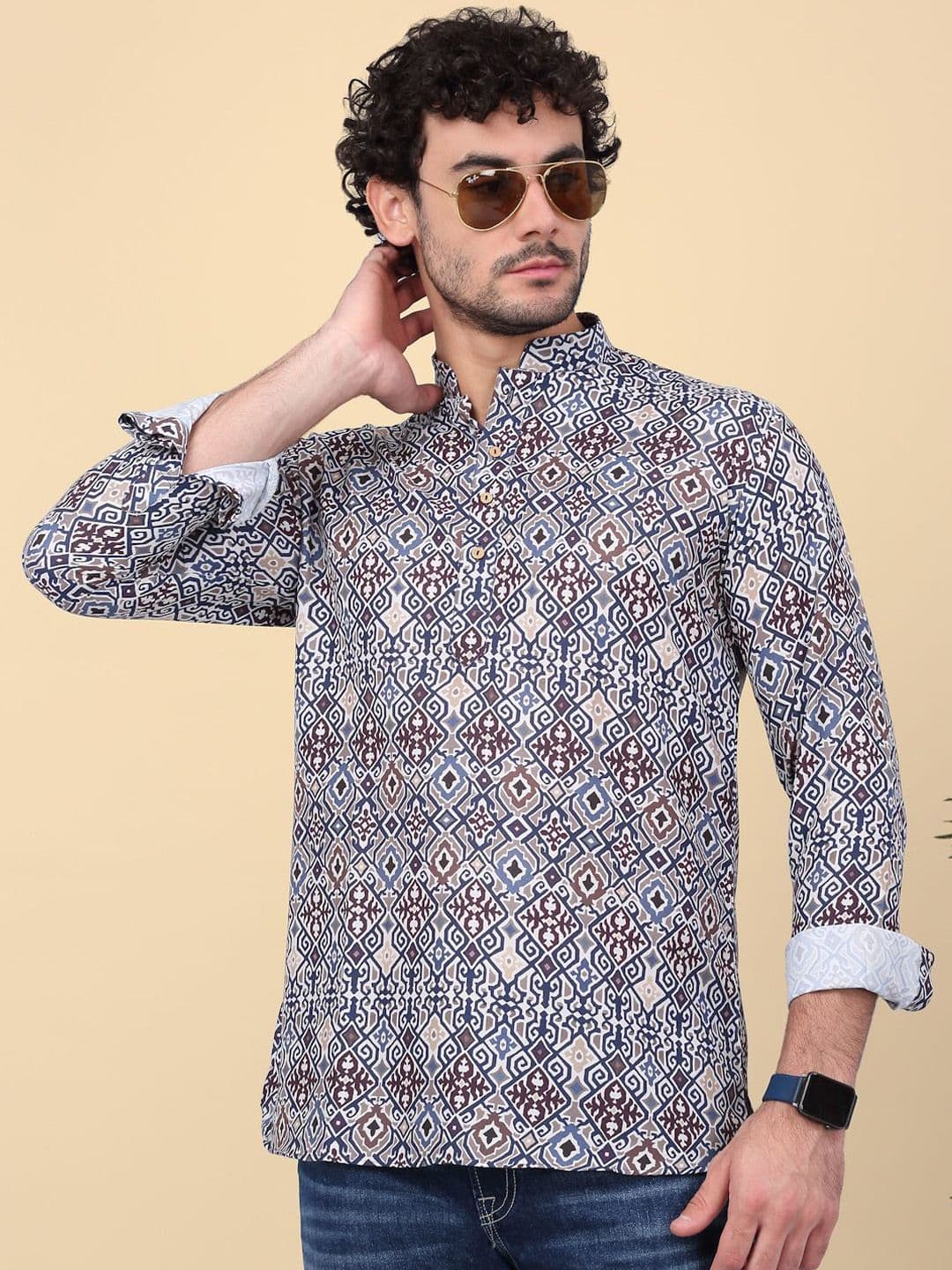 KRAFT INDIA Ethnic Motifs Printed Mandarin Collar Regular Cotton Short Kurta - view 1