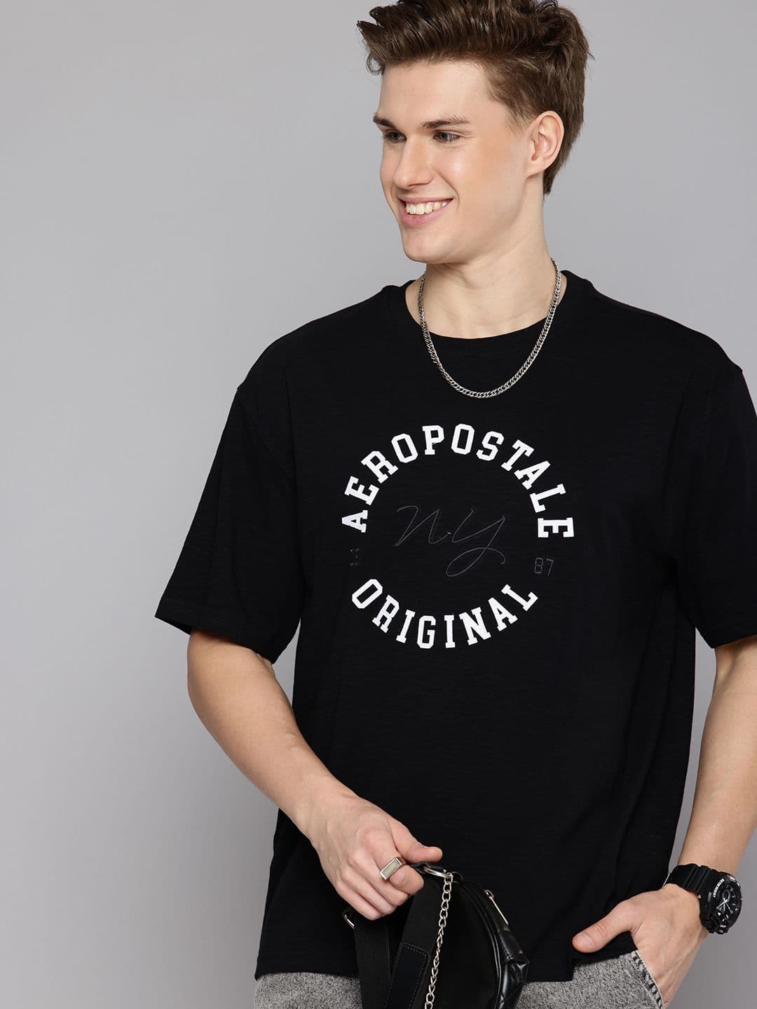 Aeropostale Pure Cotton Brand Logo Embroidered Drop-Shoulder Sleeves Relaxed Fit T-shirt - view 1