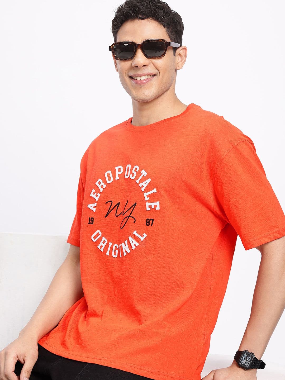 Aeropostale Pure Cotton Brand Logo Embroidered Drop-Shoulder Sleeves Relaxed Fit T-shirt - view 1