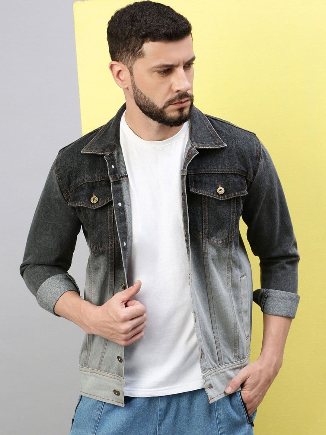 VOXATI Men Washed Crop Denim Jacket with Embroidered - view 1