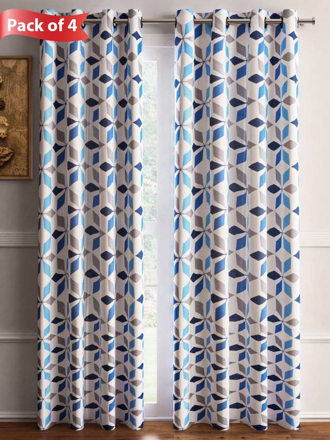 Aura Blue & White 4 Pieces Floral Printed Long Door Curtains - view 1
