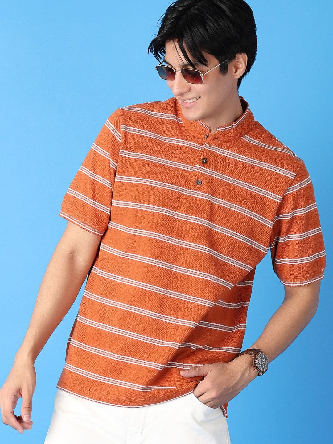 V-Mart Men Striped Mandarin Collar Cotton T-Shirt - view 1
