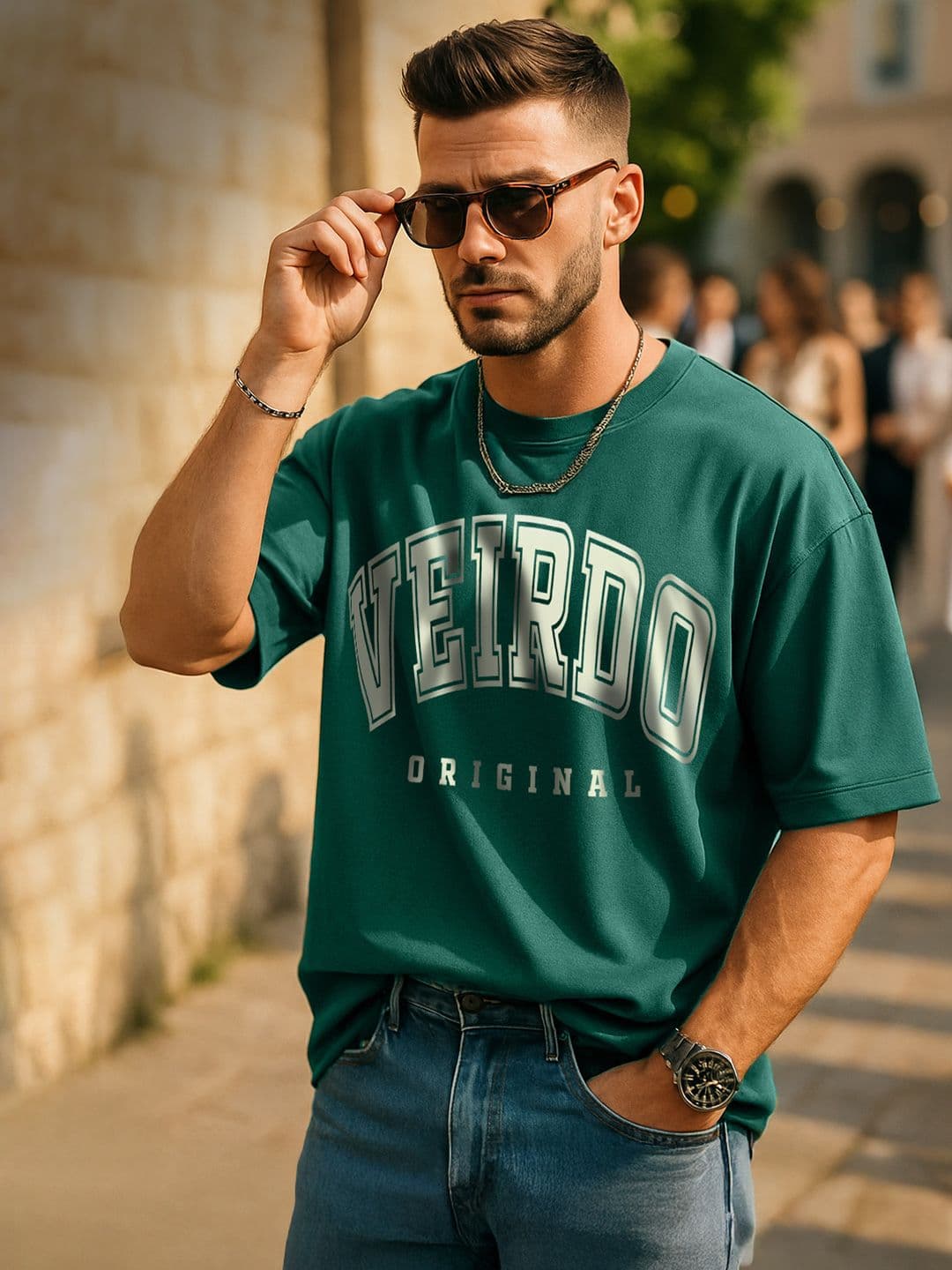 VEIRDO Men Green Typography Printed Round Neck Pure Cotton Oversized T-shirt - view 1