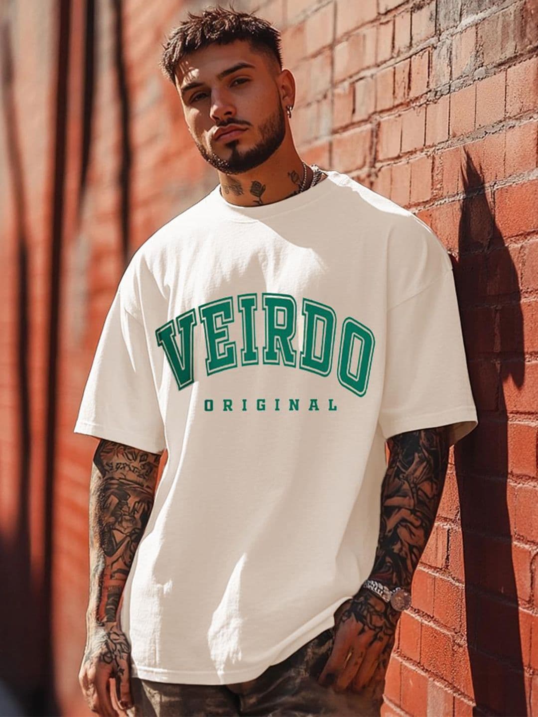 VEIRDO Men Swanwhite Typography Printed Round Neck Pure Cotton Oversized T-shirt - view 1