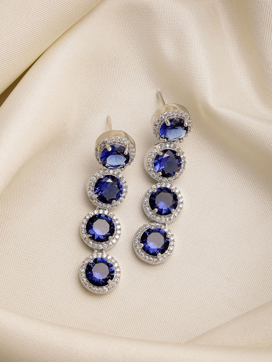 ZENEME Rhodium Plated American Diamond Circular Drop Earrings - view 1