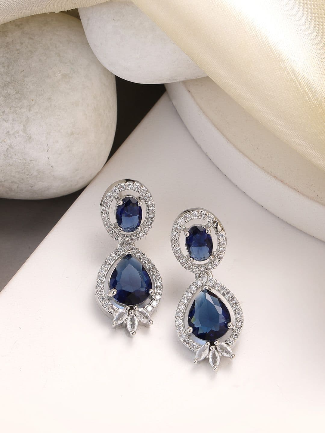 ZENEME Rhodium Plated American Diamond Teardrop Shaped Drop Earrings - view 1