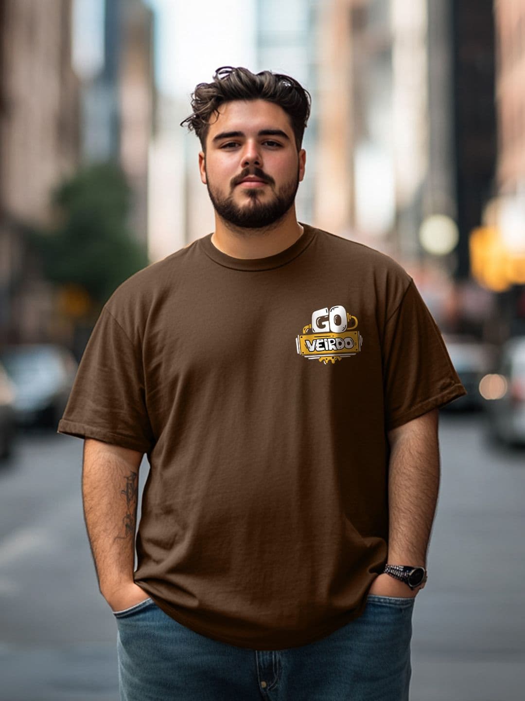 VEIRDO Men Plus Size Pocket Printed Drop-Shoulder Sleeves Pure Cotton Oversized T-shirt - view 1