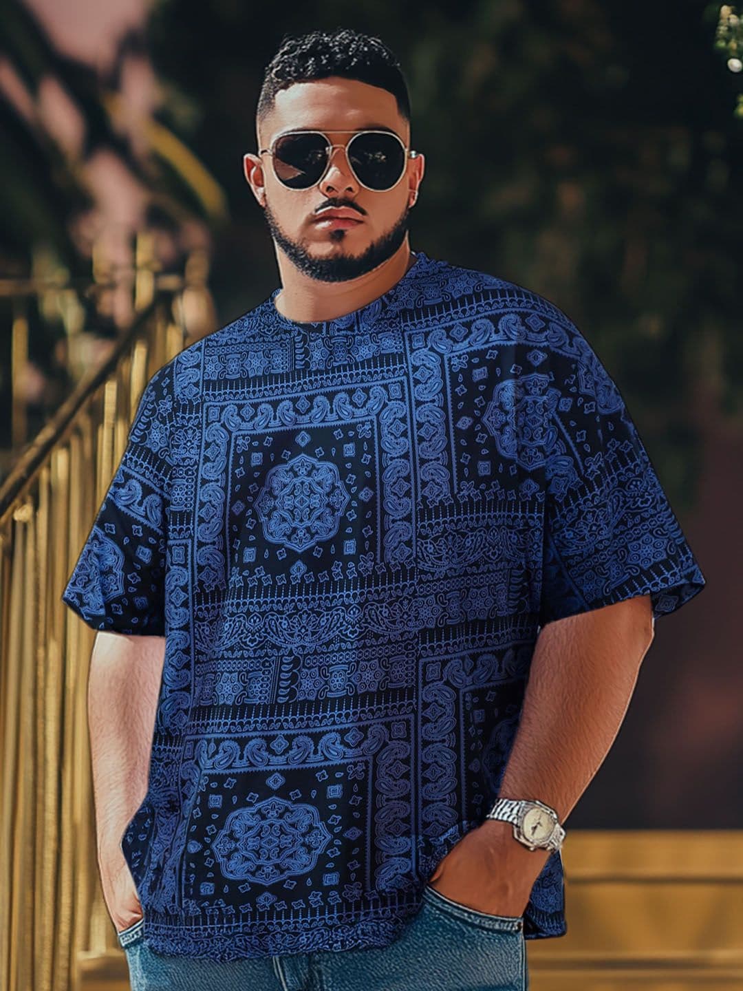VEIRDO Men Plus Size Paisley Printed Round Neck Pure Cotton Oversized T-shirt - view 1